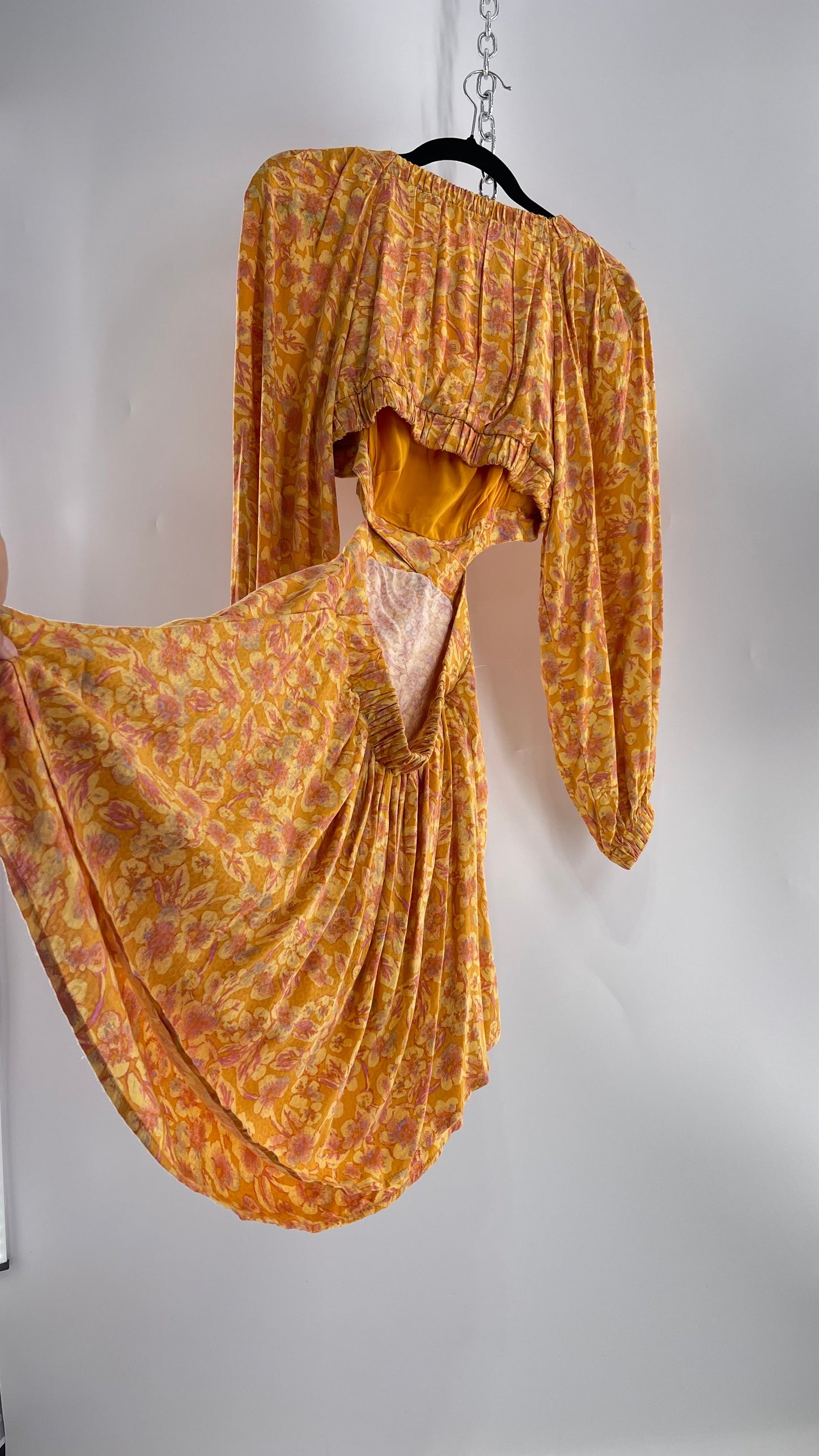 Free People Yellow Cut Out Golden Florals Dress with Ruched Bust and Balloon Sleeves (Small)
