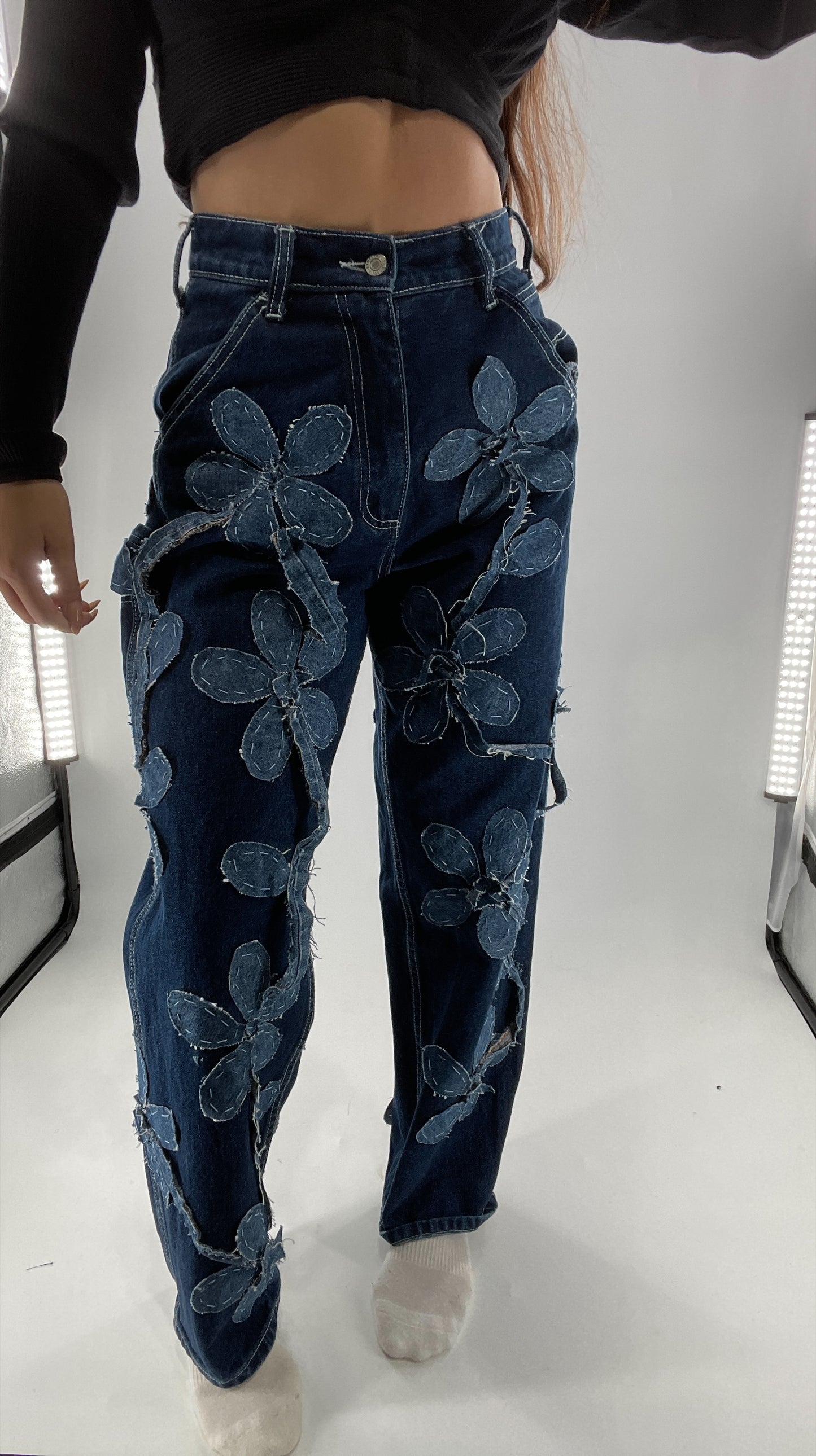 Handmade CUSTOM Dual Denim Tone Floral Vine Cargo Denims (S)