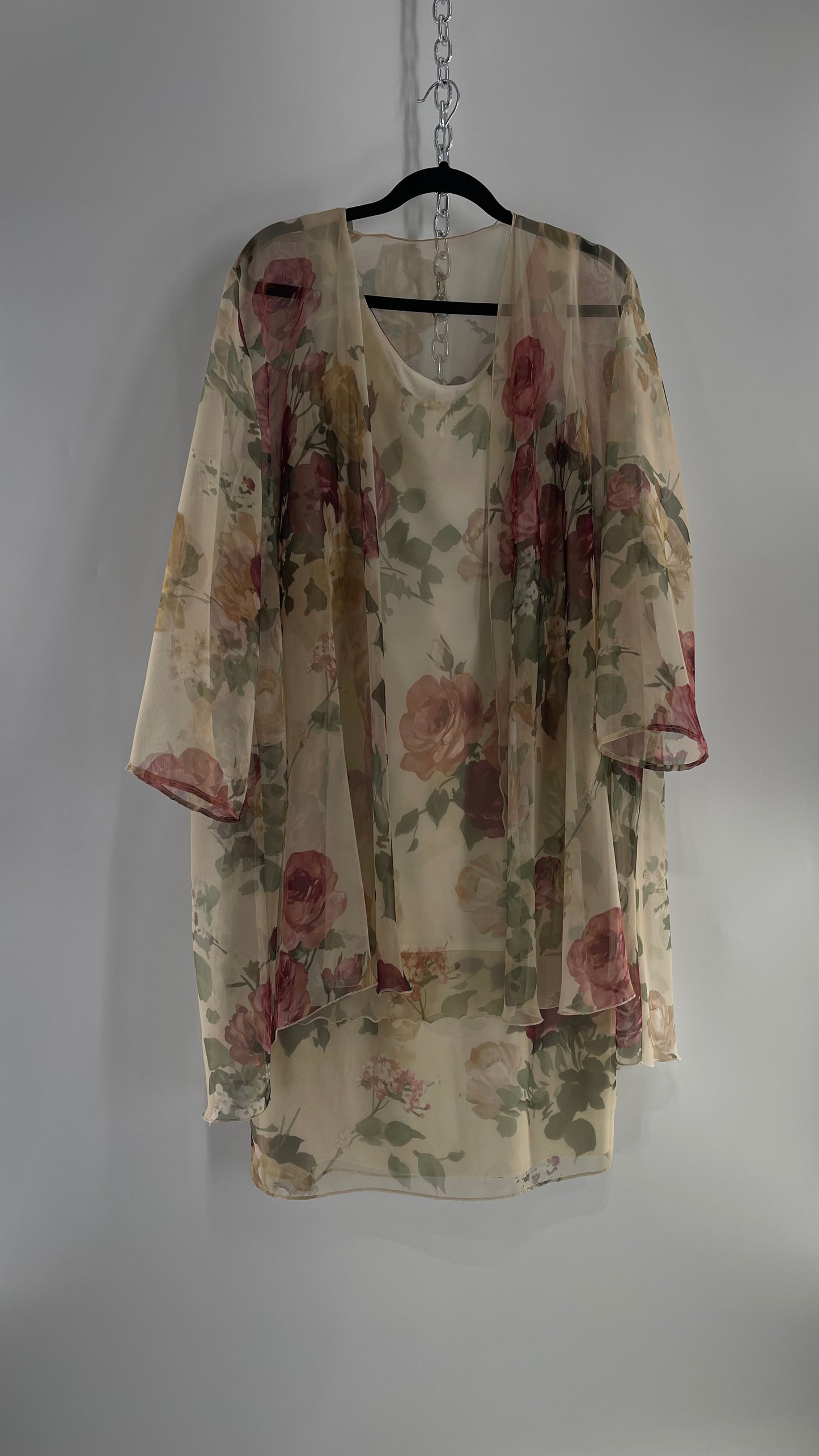 1990s Vintage Off White Muted Florals Dress + Cape Set (16)