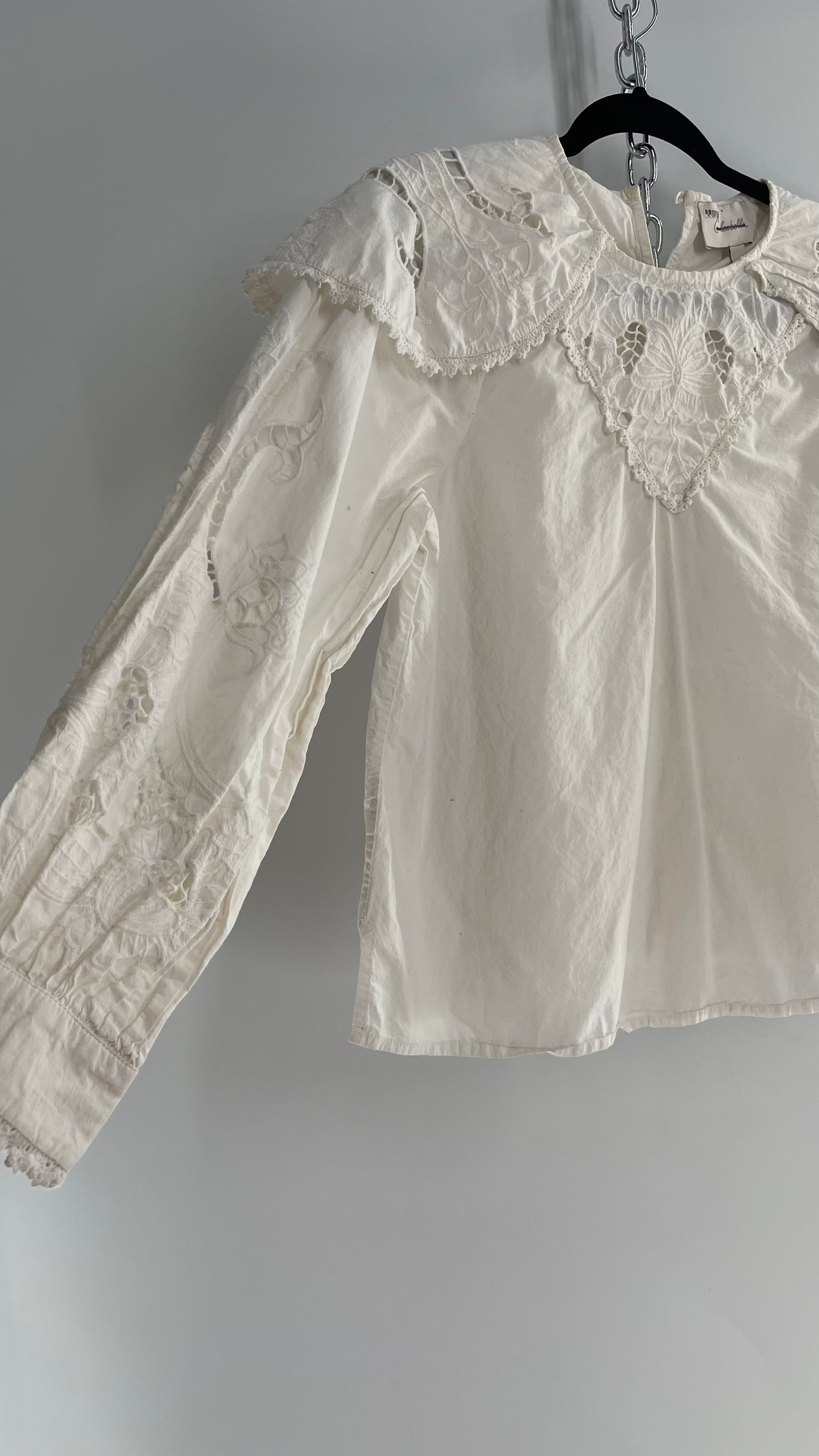 CLEOBELLA White Cotton Prairie Blouse with Lace Balloon Sleeves and Collar (Small)