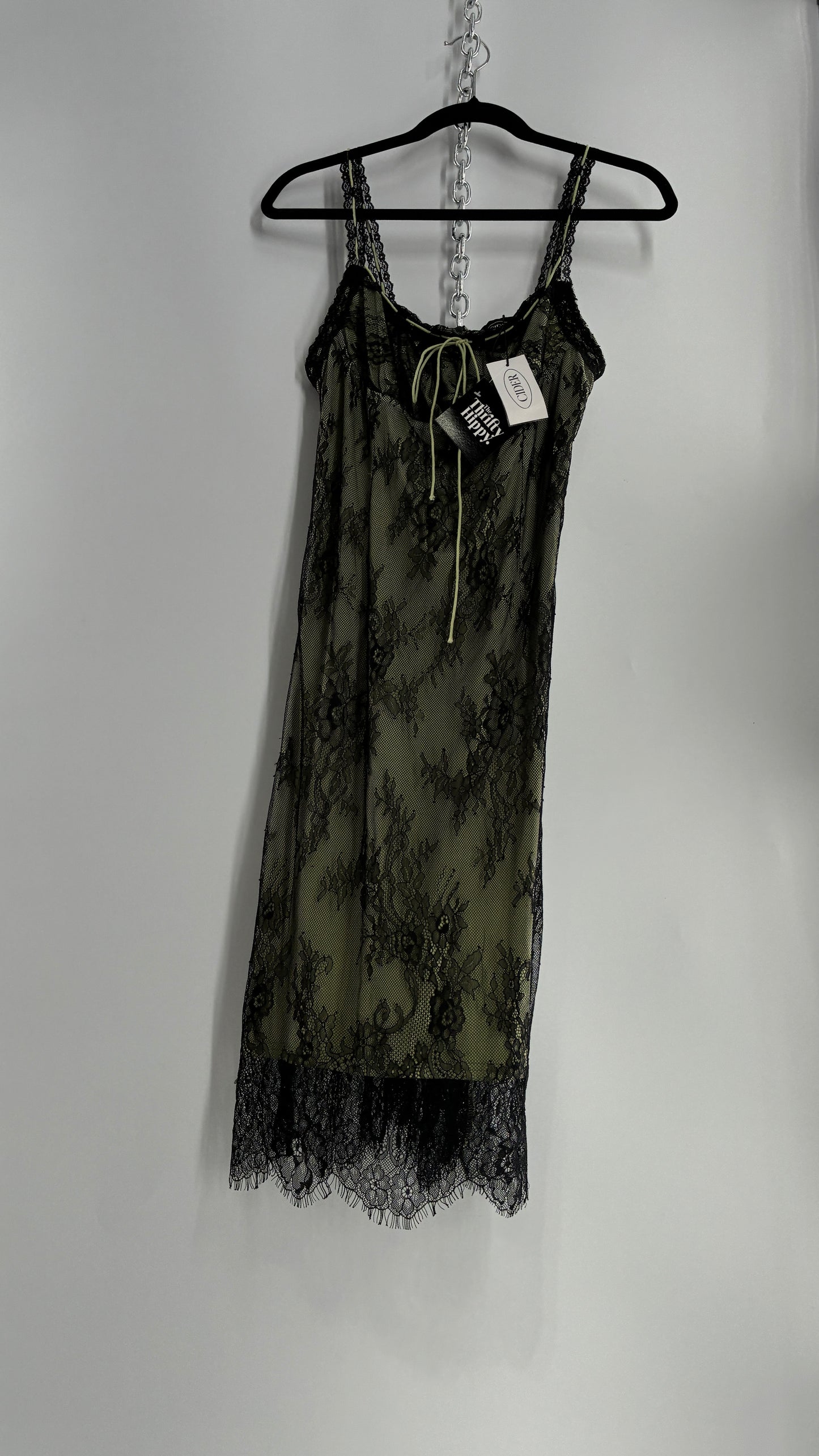CIDER Green Midi Dress with Black Overlay Lace (Large)