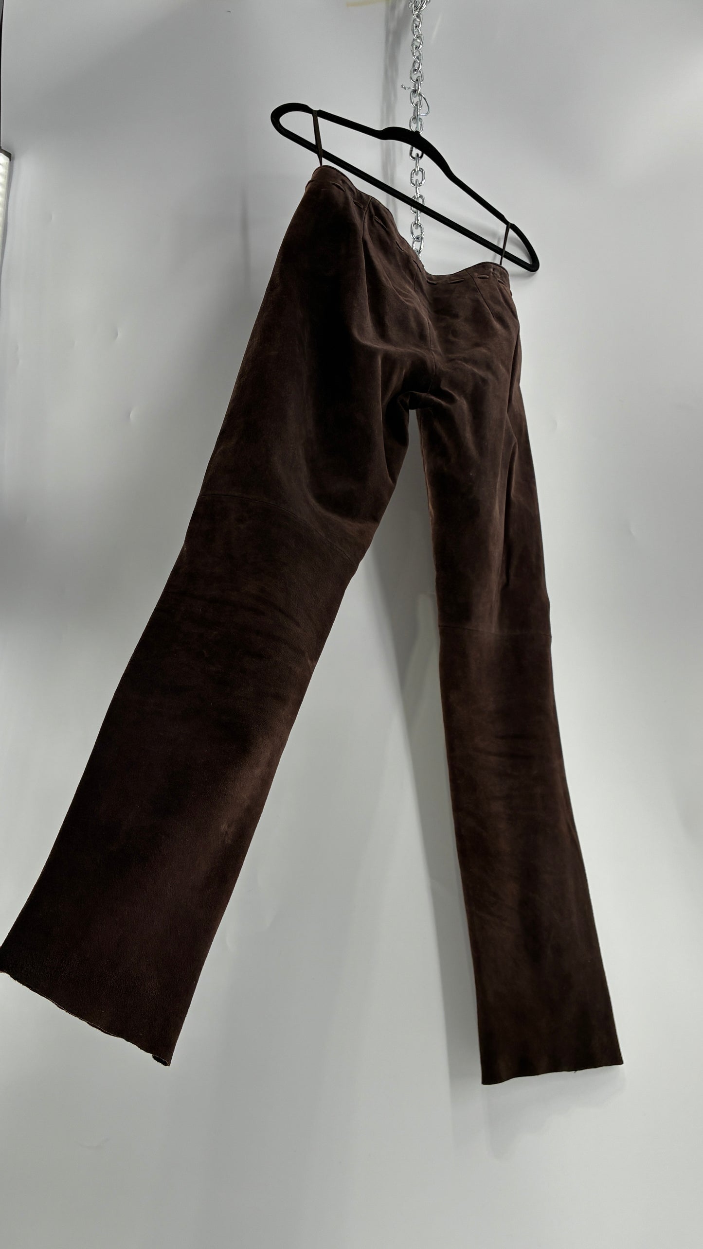 Vintage FOR JOSEPH Low Rise, Chocolate Brown Suede Pants with Leather Stitch Sides and Bow Closure (28)