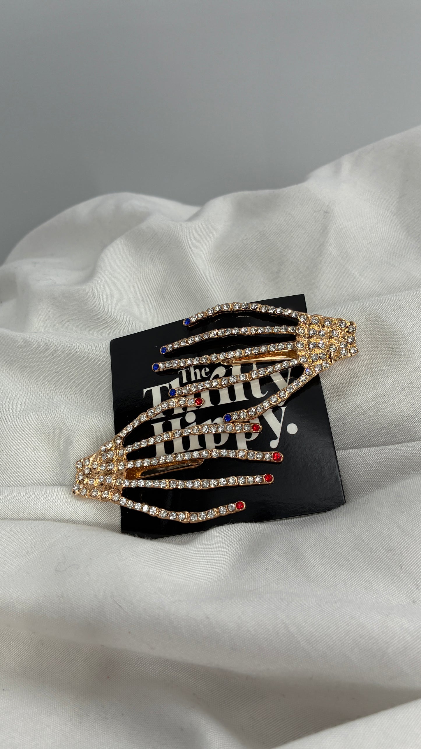 Gold Rhinestone Skeleton Hand Hair Clips