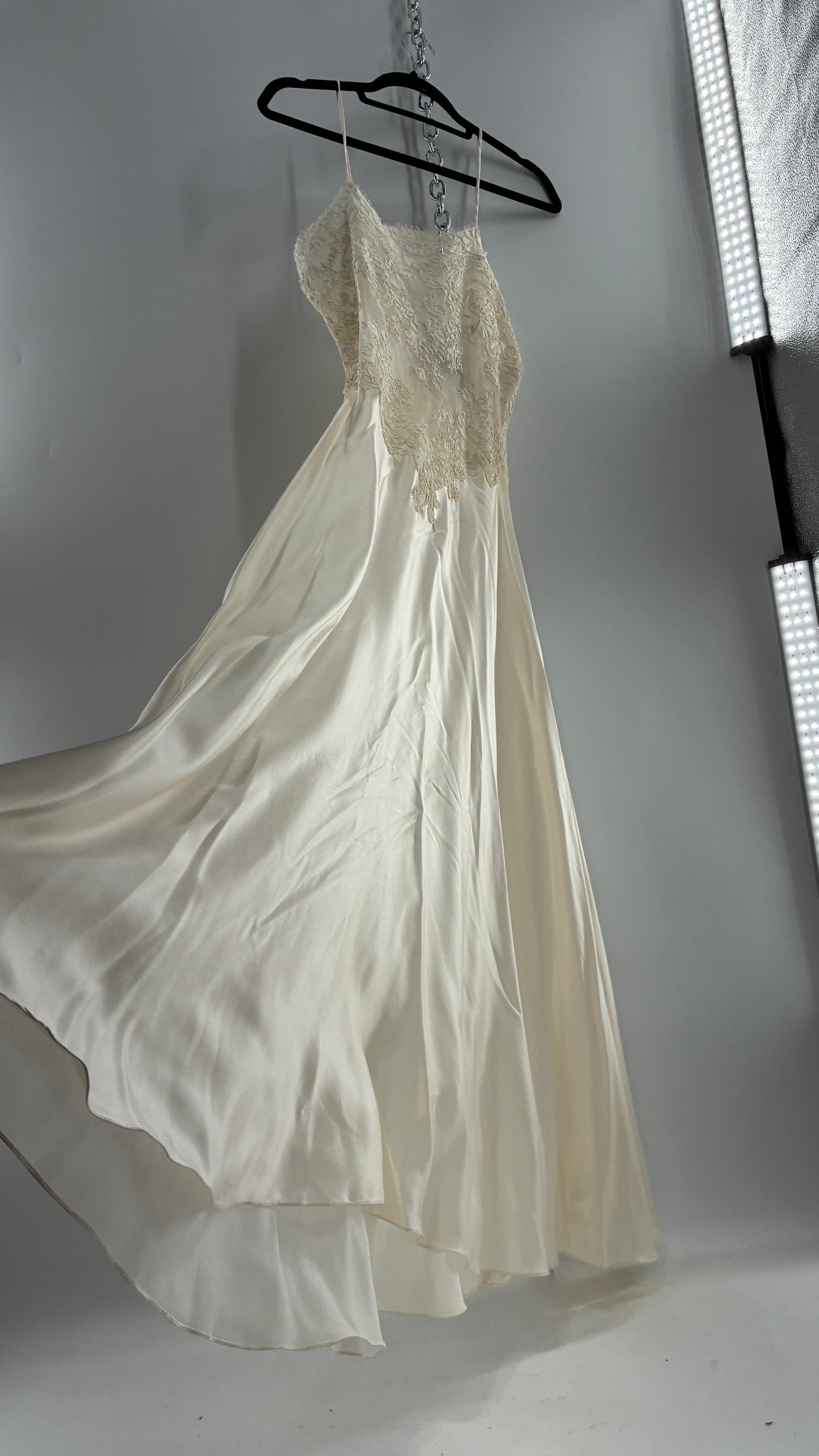 Vintage JONQUIL 100% Silk Gown with Heavy Lace Appliqués and Low Cut Sheer Back (Medium)