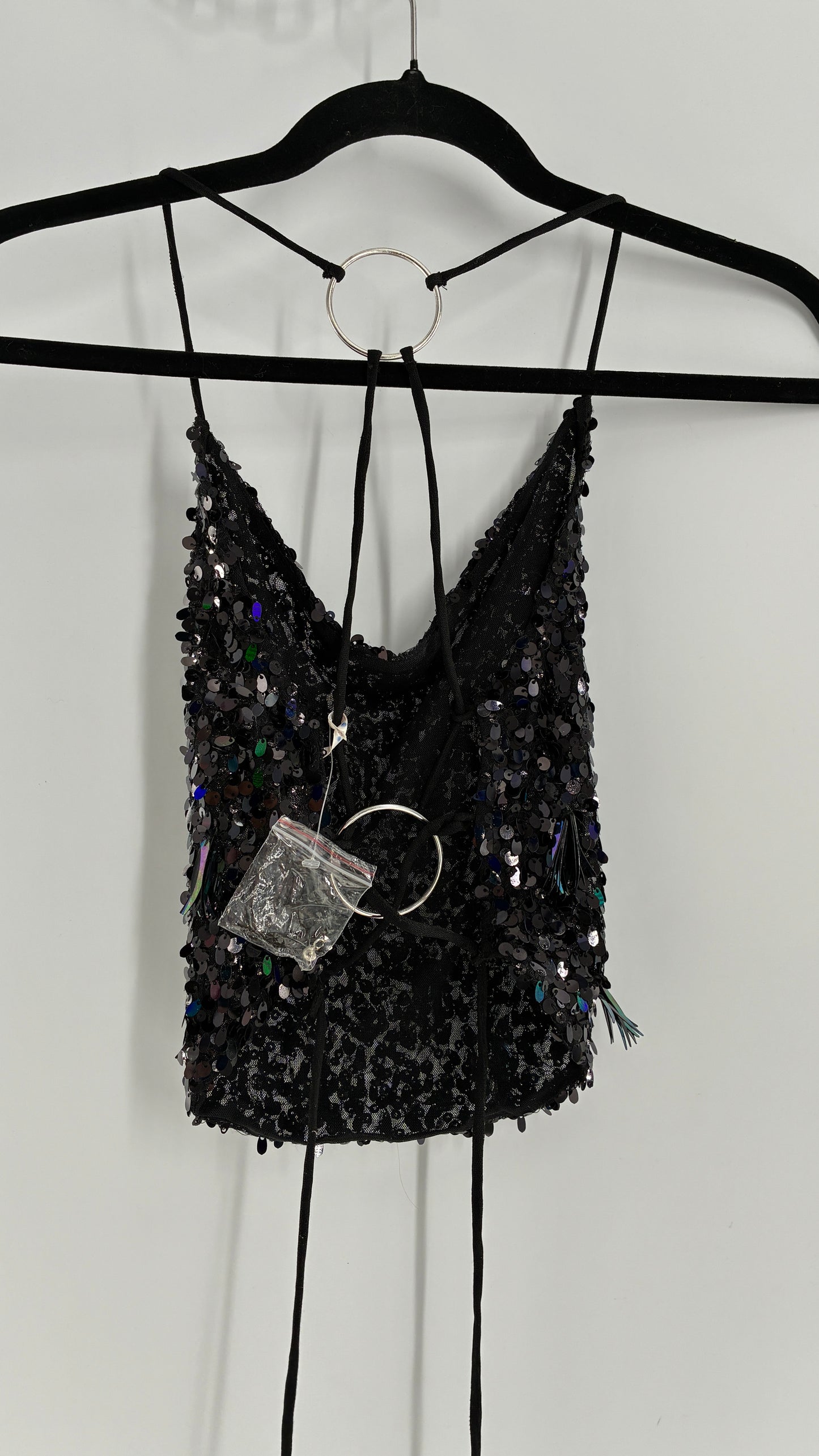 Free People Black Open, Tie Up Back Camisole Covered in Sequins with Silver Hoop Details (XS)