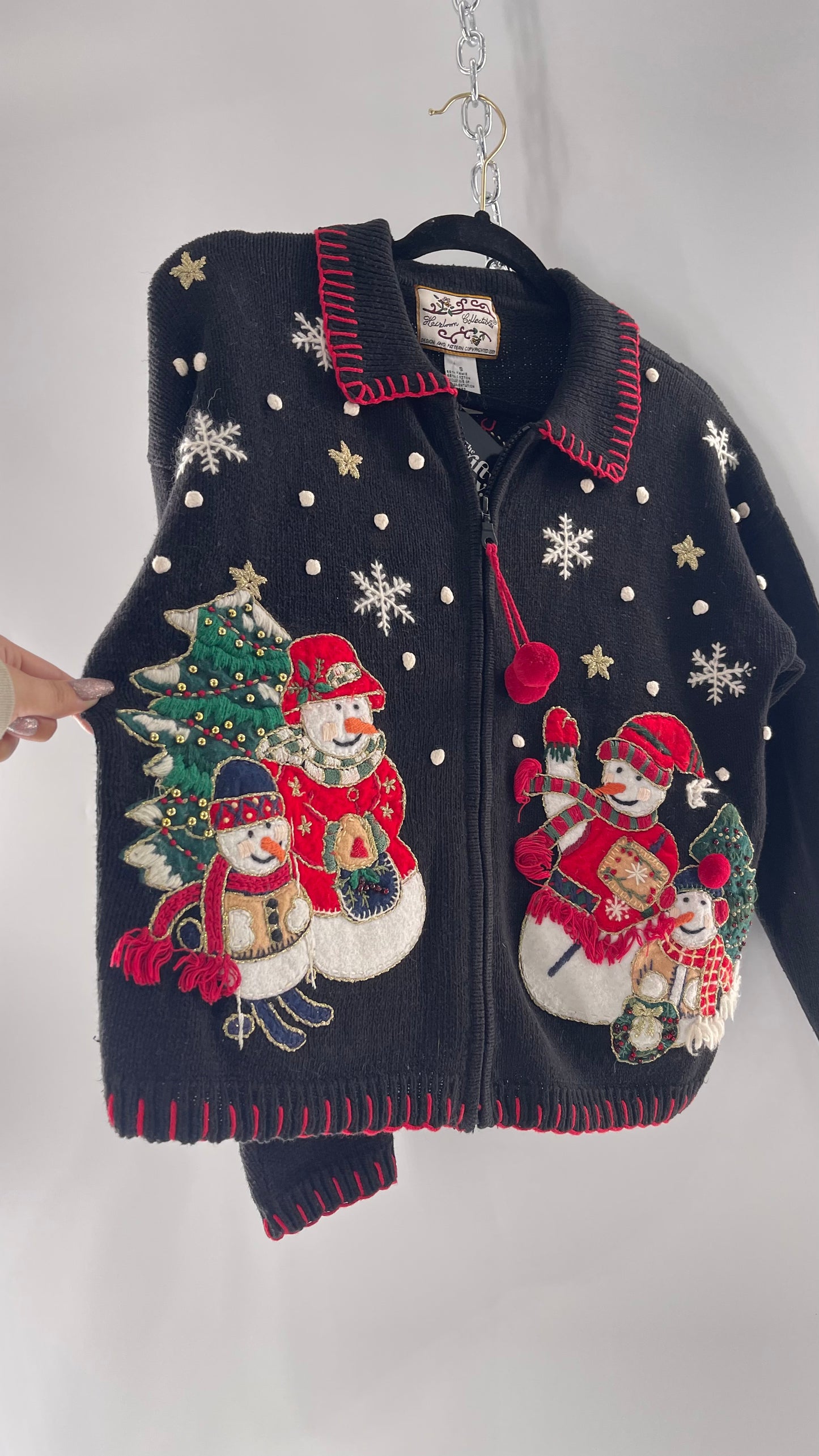 Vintage Reworked Urban Outfitters Heirloom Christmas Cardigan with Festive Snowmen Embroidery, Snowflakes, Christmas Tree and PomPom Zipper Detail (S)