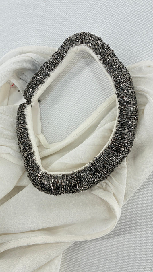 Deadstock Vintage ELOGY High Neck Draping White Top with Gunmetal Beaded Choker Neckline and Tags (Small)