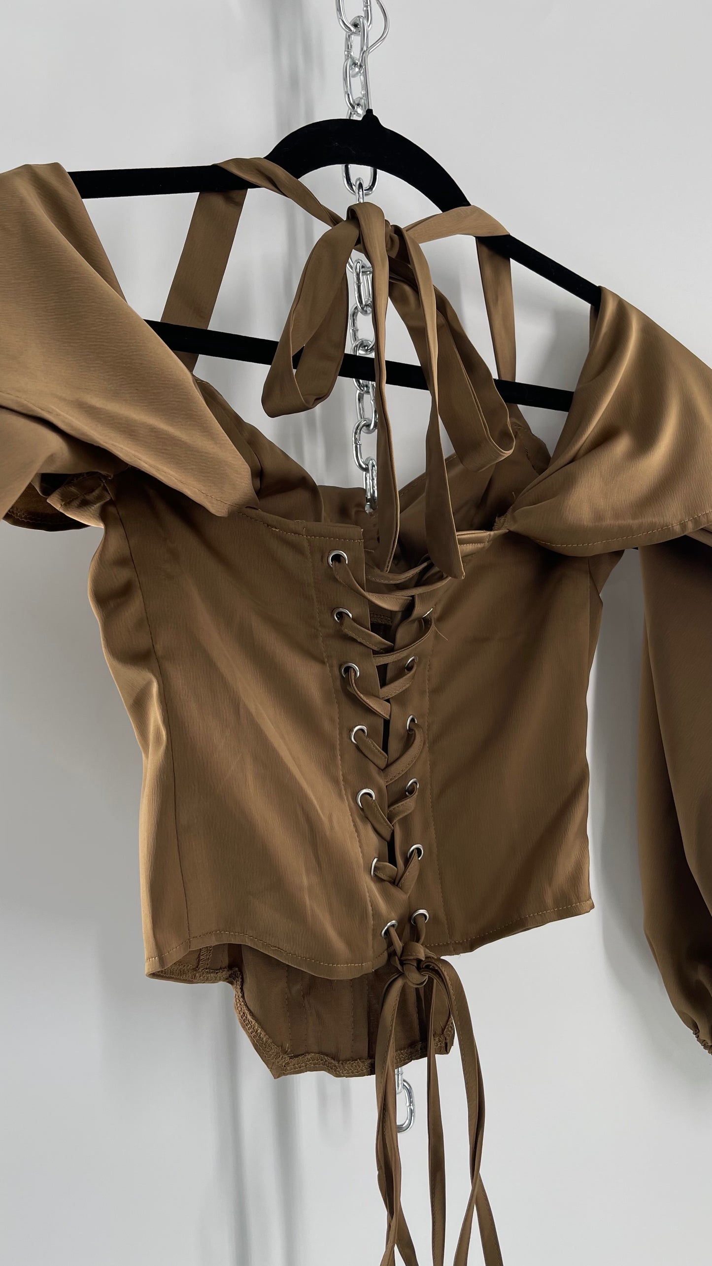 Pretty Little Thing Tan/Gold Corset Blouse with Draped Shoulders, Balloon Sleeves, Halter Strap and Lace Up Back (4)