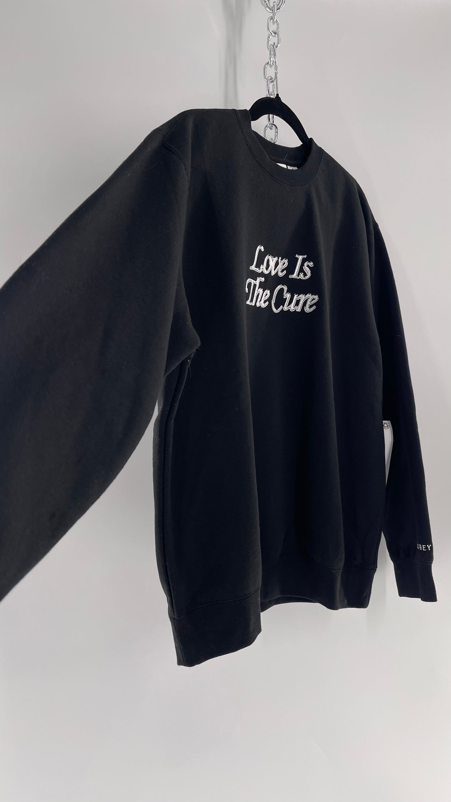 OBEY Black All Over Embroidered Love is The Cure Crewneck with Tags (Medium)