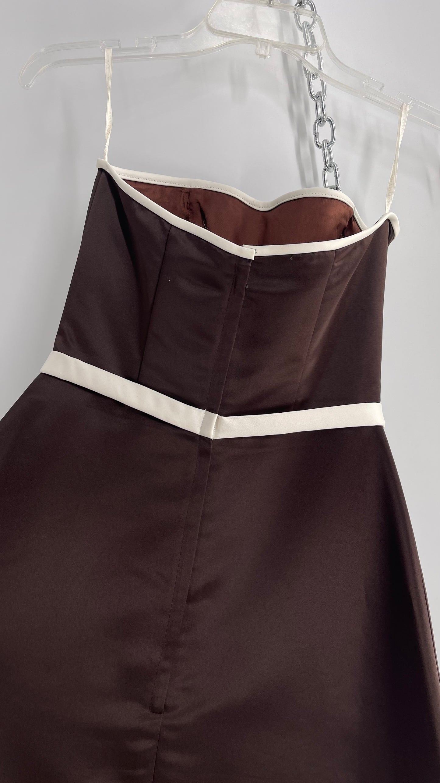 Vintage 90s Style Scott McClintock Dark Brown Satin A-Line Dress with Straight Bust Line (6)