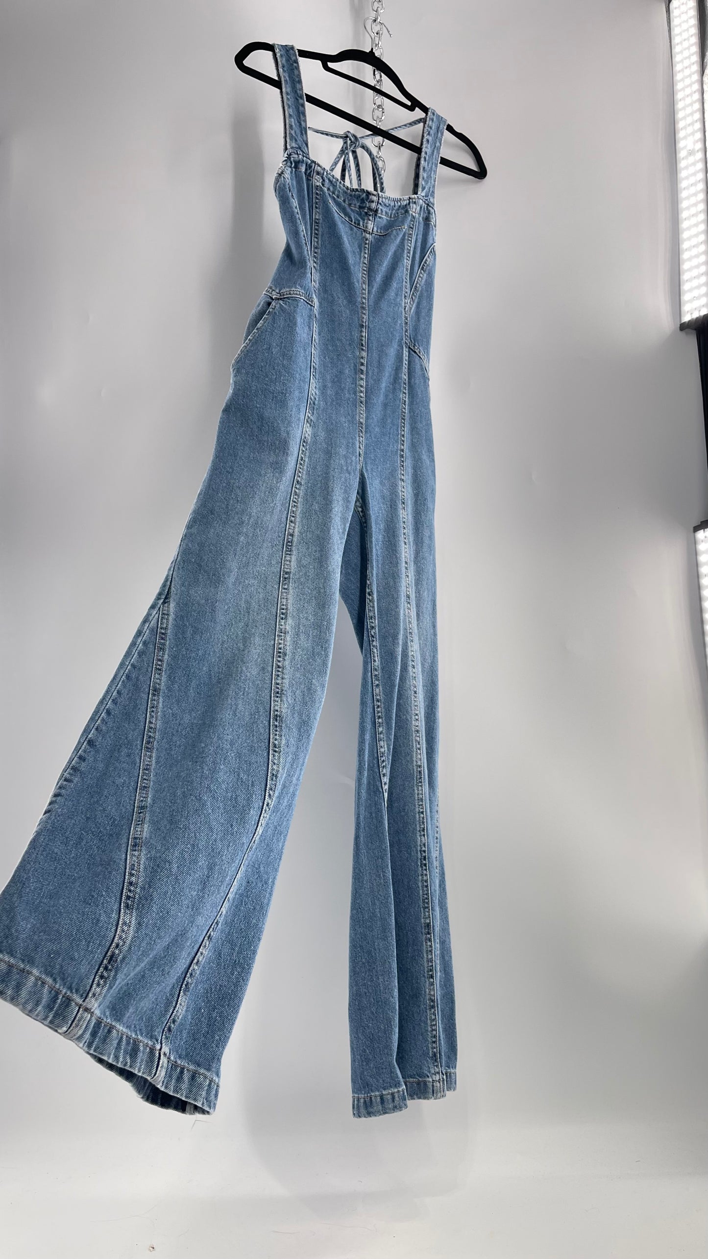 Free People Denim Backless Wide Leg Jumpsuit with Tags Attached (Small)