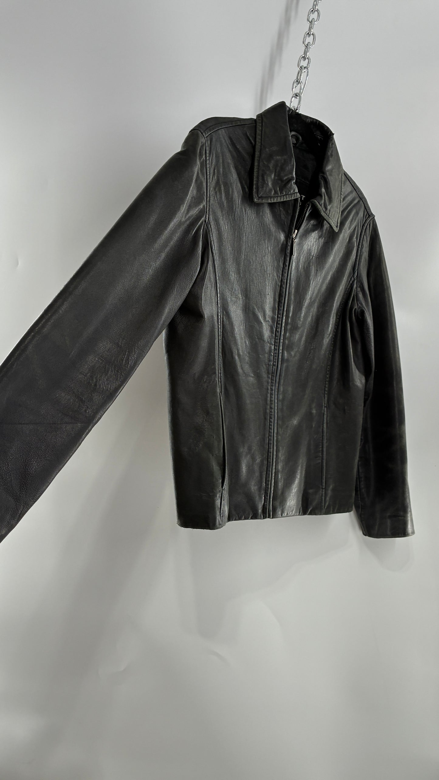 Vintage WINLIT New York Black Leather Collared Zip Front Paneled Jacket (Large)