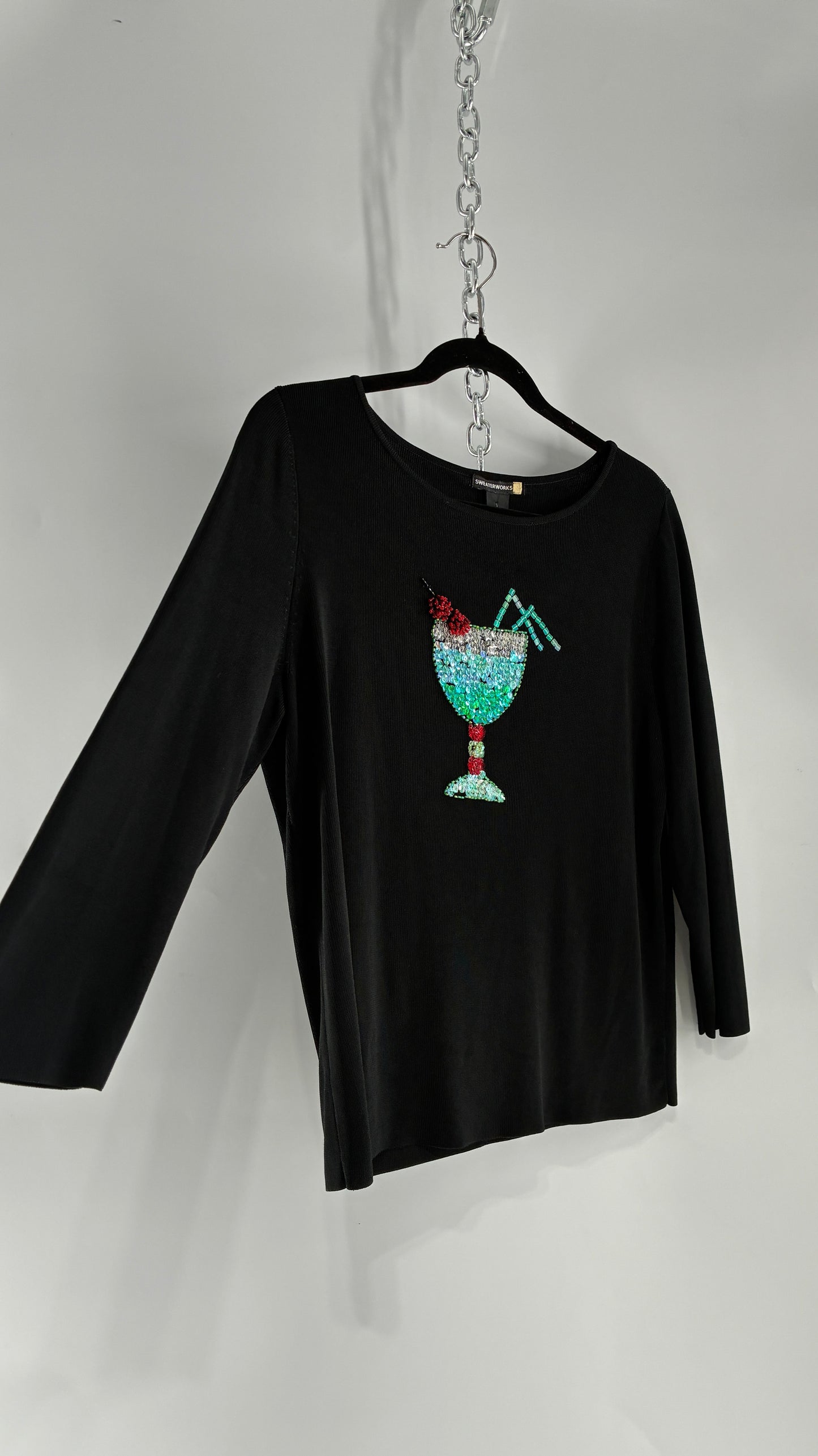 Vintage SWEATERWORKS Margarita Black Knit Top with Beaded and Embroidered Drink (Large)