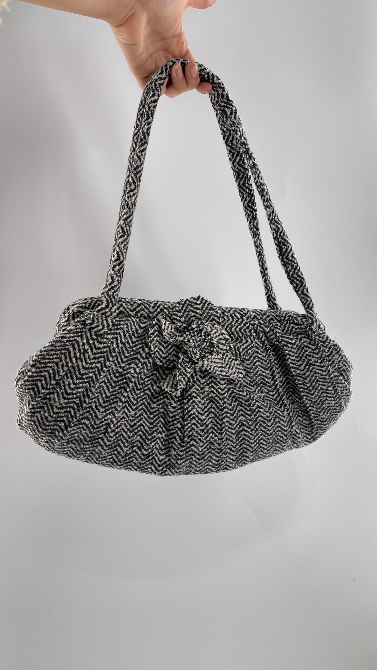 Vintage Wool Knit Black White Purse with Flower Appliqué