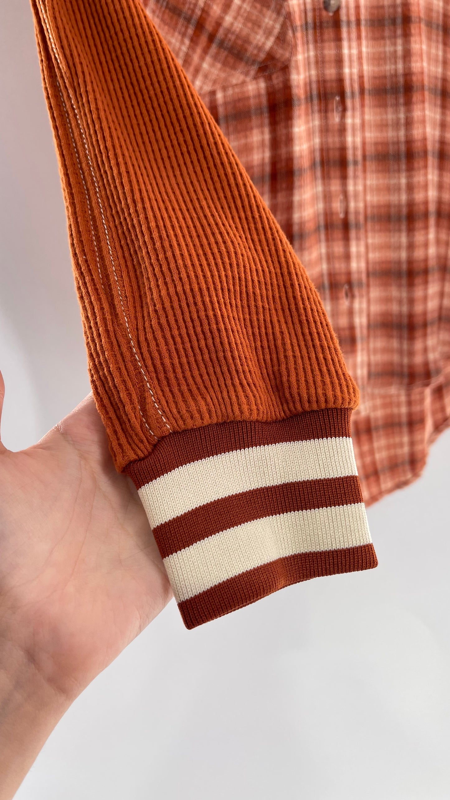 BDG Burnt Orange Flannel with Waffle Knit Sleeves (XS)