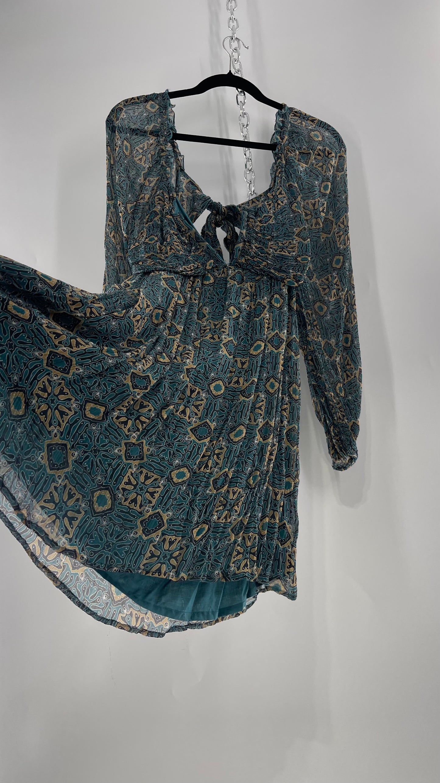 Let Me Be Crimped Balloon Sleeve Mini Dress with Wired Bust and Tie/Open Back Detail with Tags Attached (Medium)