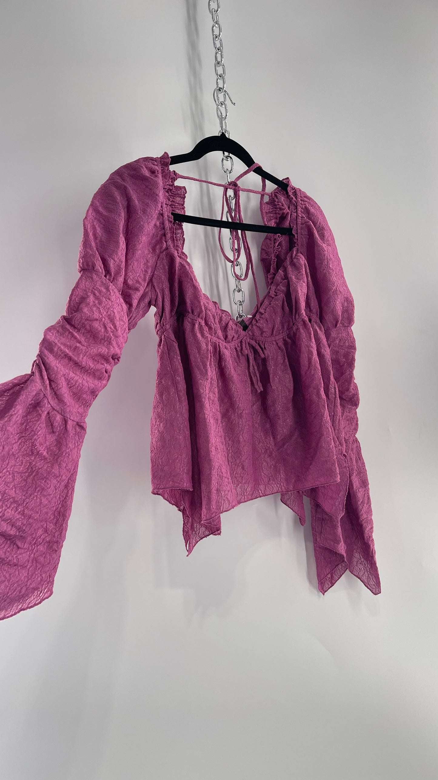 Urban Outfitters Purple Lace Blouse with Handkerchief Slit Hem, Princess Fairy Sleeves, Ruffle Trim Bust and Low Back (Large)