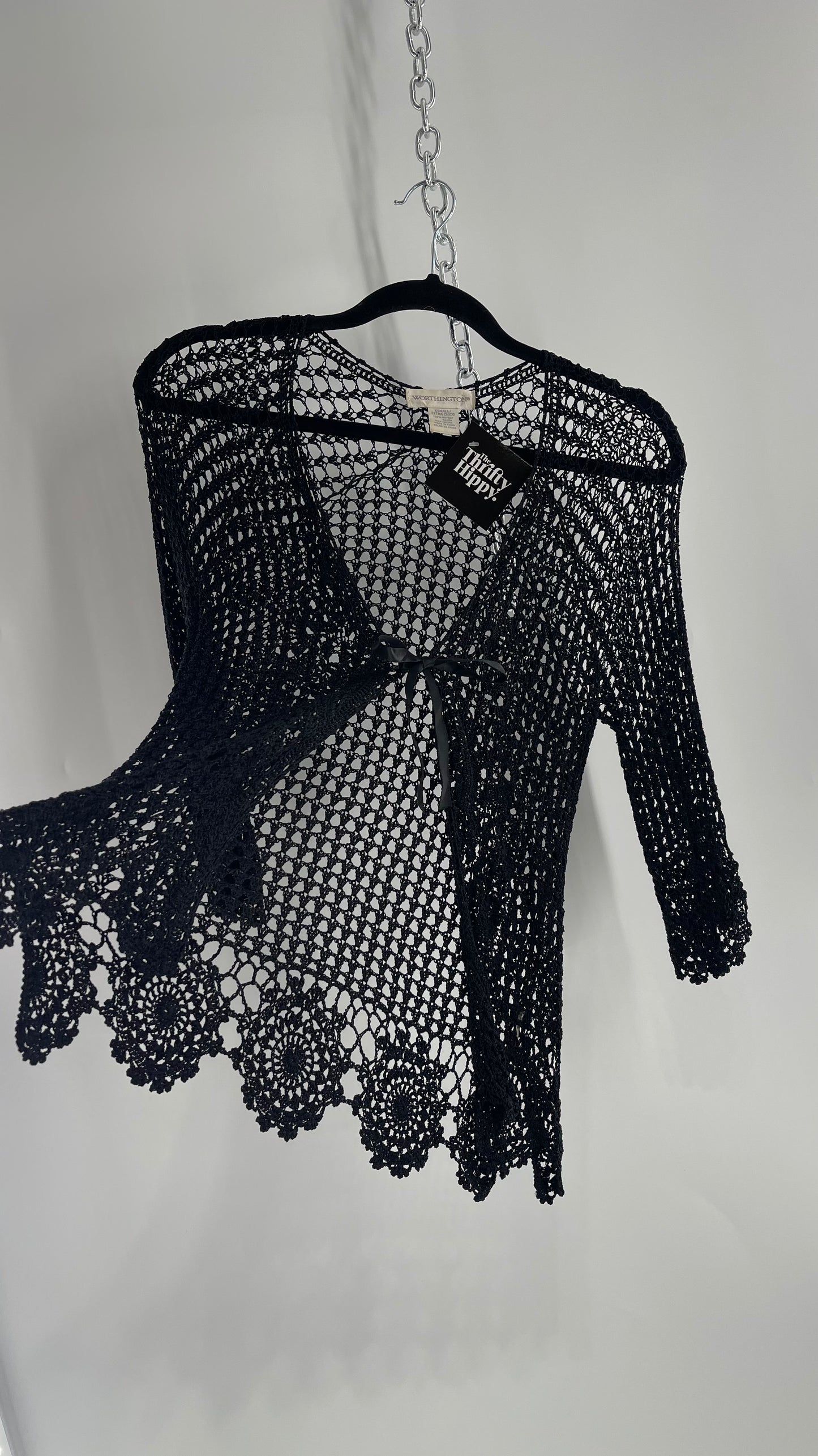 Vintage Black Crochet Slinky Top with Ribbon Bust Tie (XS)