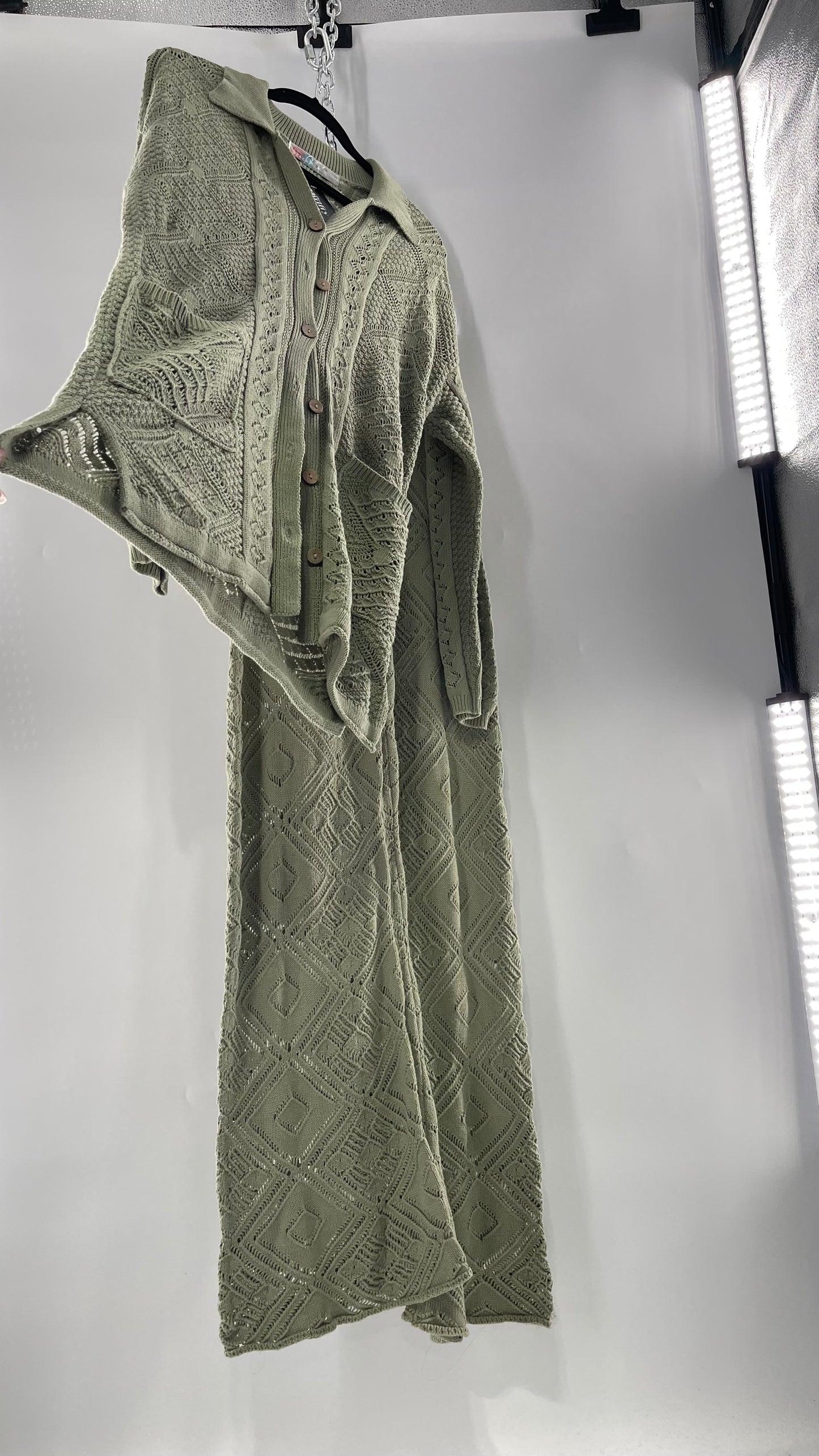 Free People Beach Sage Green Crochet Wooden Button Front Cardigan and Wide Leg Set (Medium)