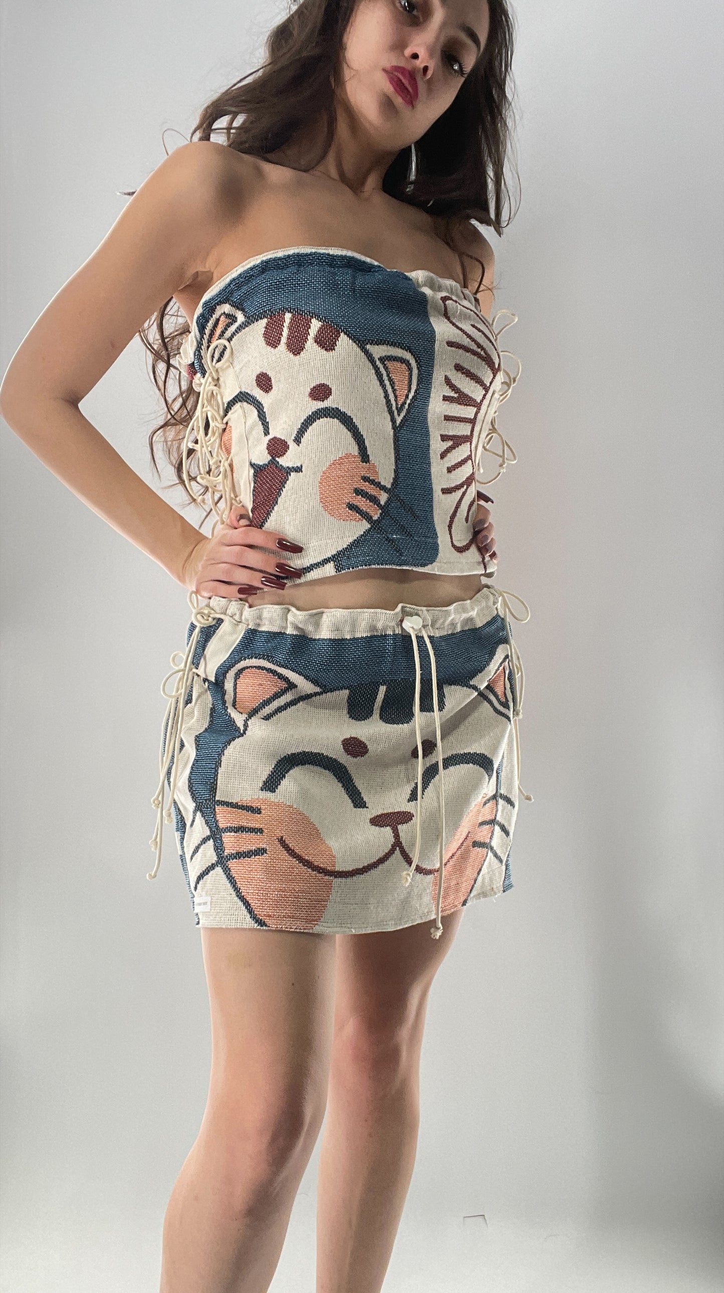 Vintage Tapestry Kitty 2pc Set with Adjustable Corseted Top and Adjustable Corseted Micro Skirt (S-L)