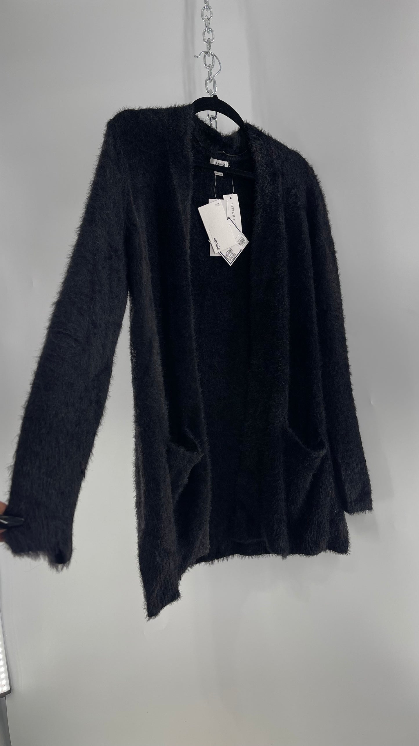 Kensie Black Fuzzy Slouchy Cardigan with Pockets and Tags Attached (Small)