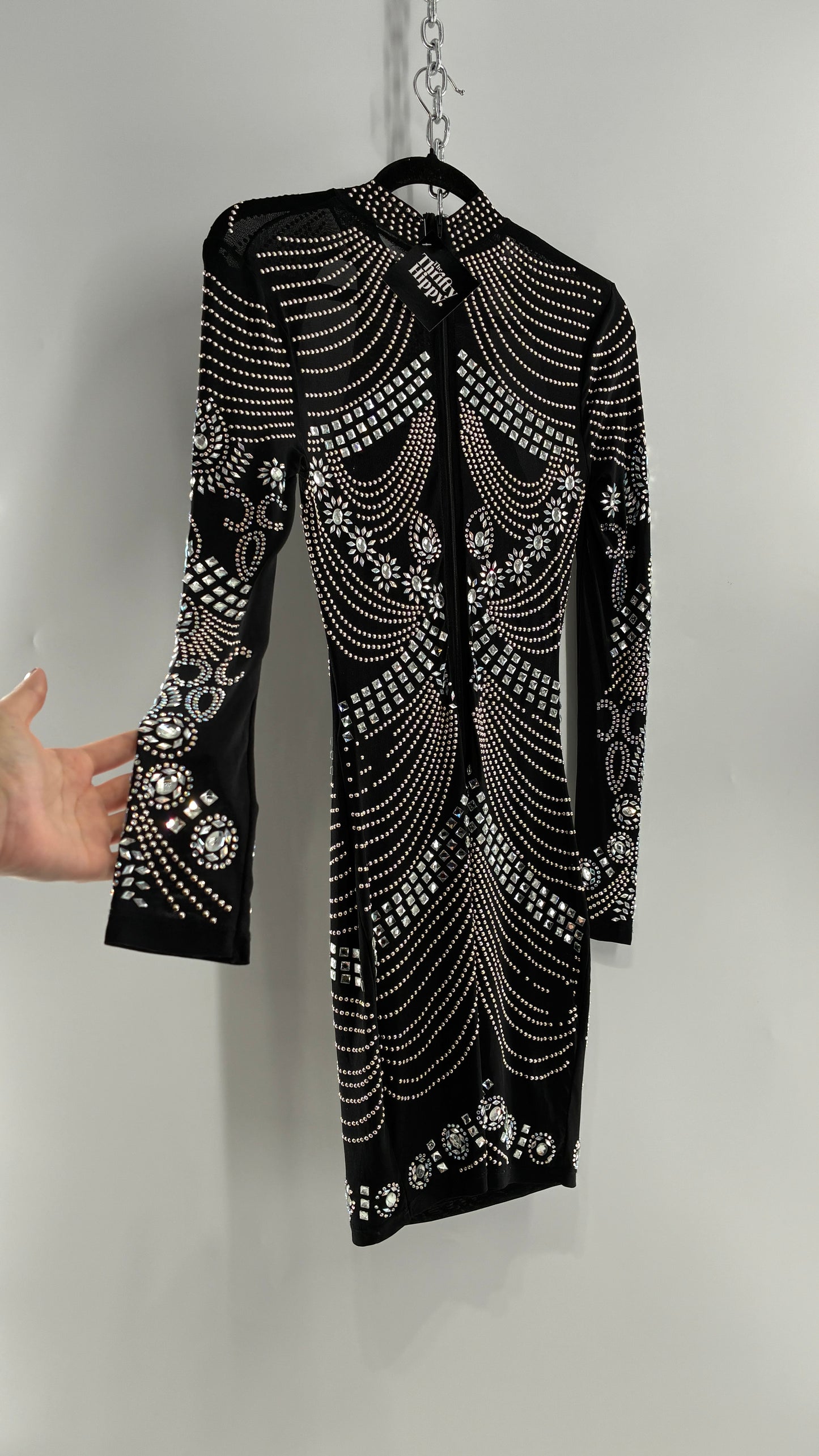 Black Bedazzled Mini Dress with Cut Out Details Covered in Gems (Small)
