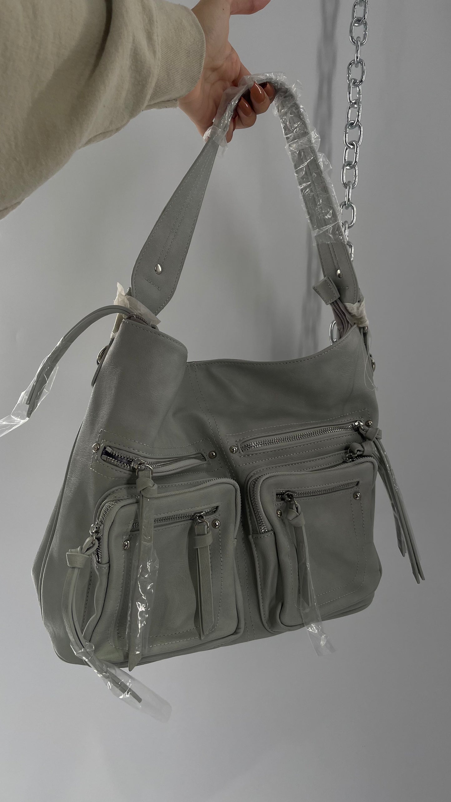 Free People Grey Leather Bag with Heavy Silver Metal Detailing, Pockets and Extra Strap