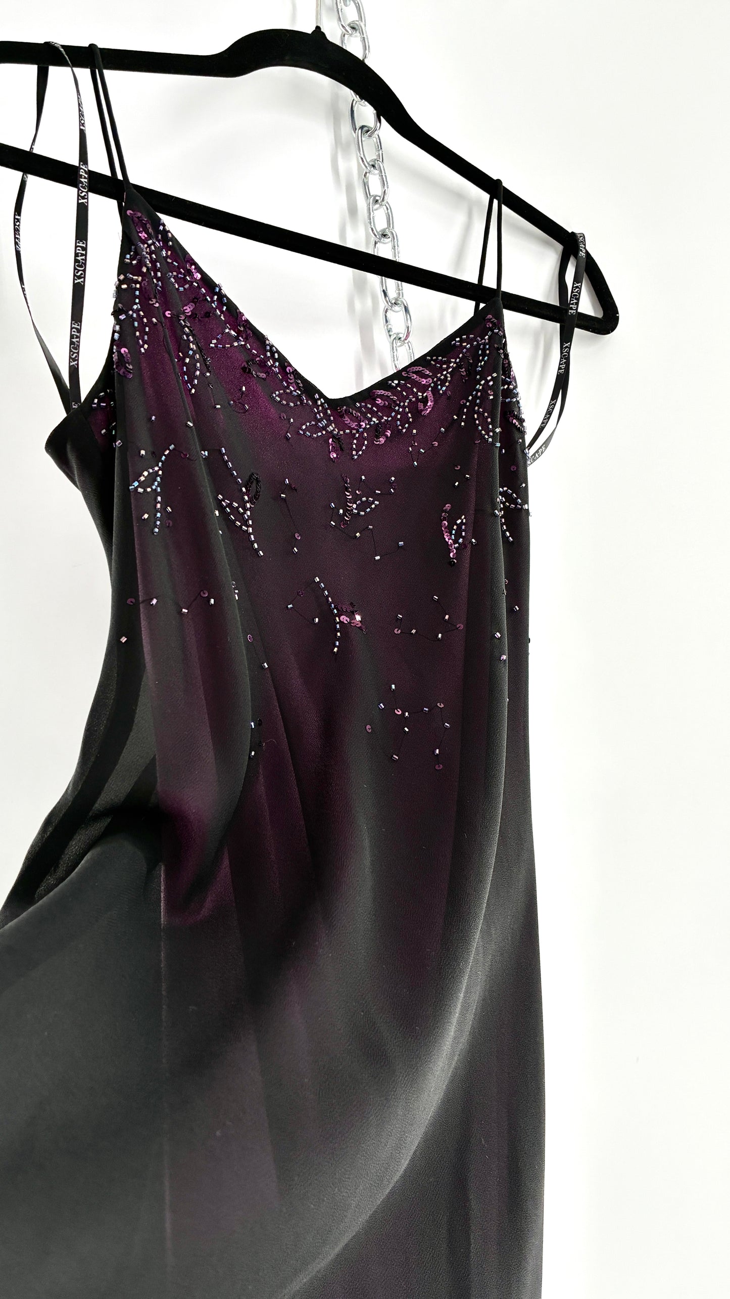 Vintage XSCAPE Full Length Black Beaded Gown with Purple Underlay (4)