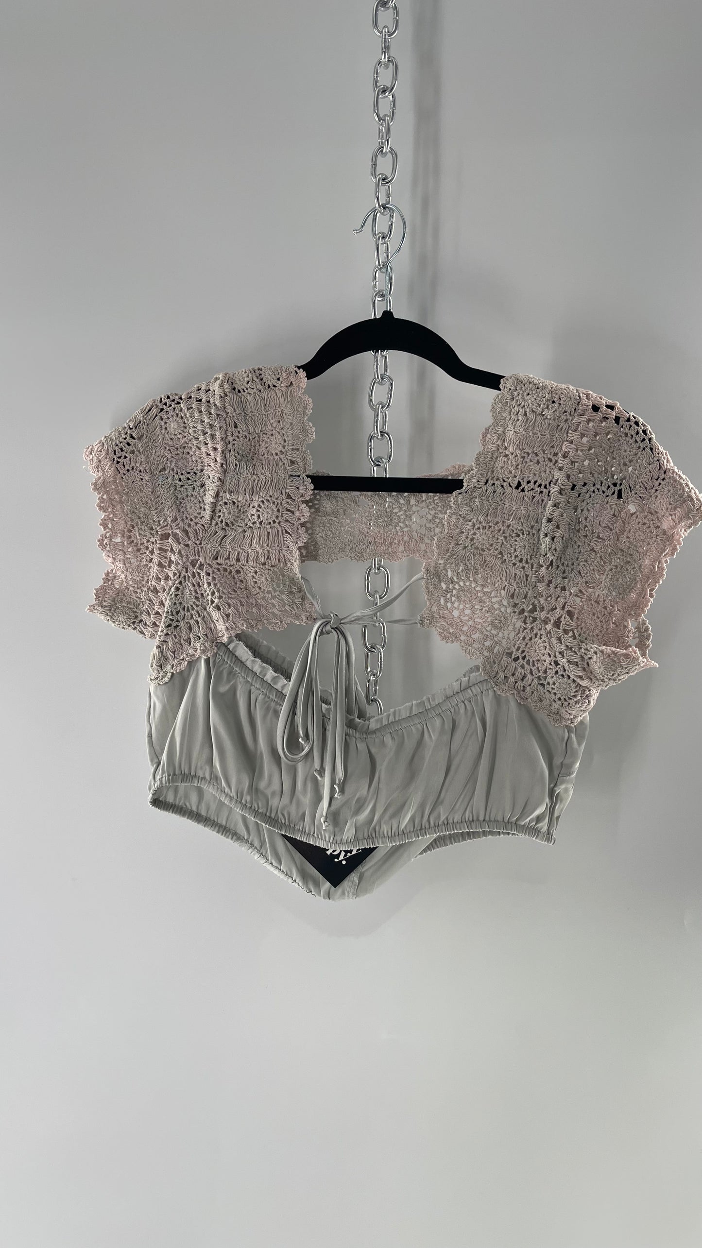 Intimately Free People Silver Satin Cropped Bustier with Crochet Shrug High Neckline (Large)