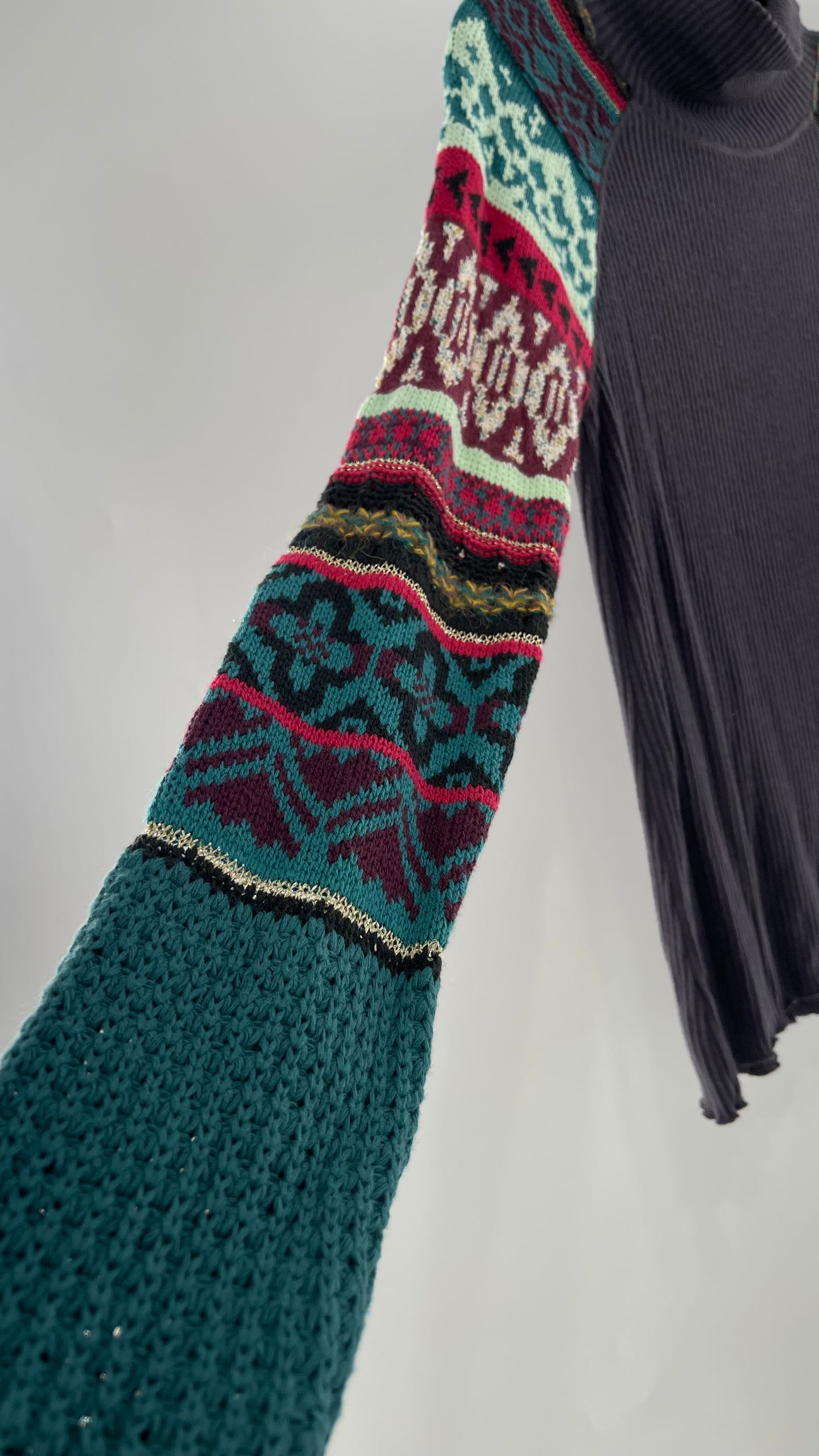 Free People Grey Cozy Knit with Colorful Patterned Knit Sleeves (Small)