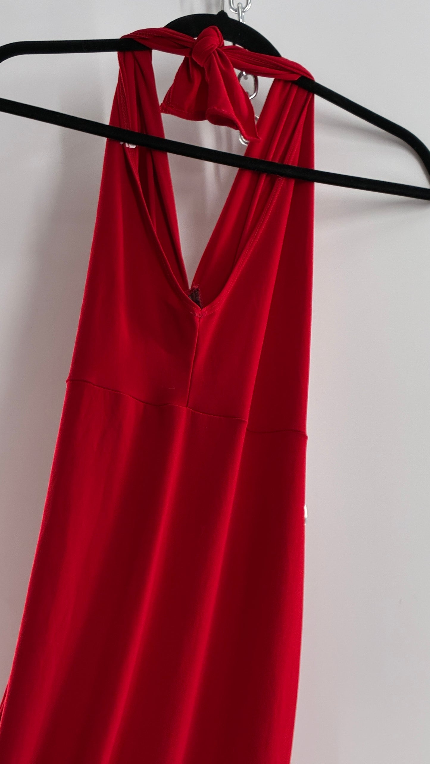 Vintage SYMPHONY Lycra Red Halter Full Length Dress with Sequin Bust Detail (Small)