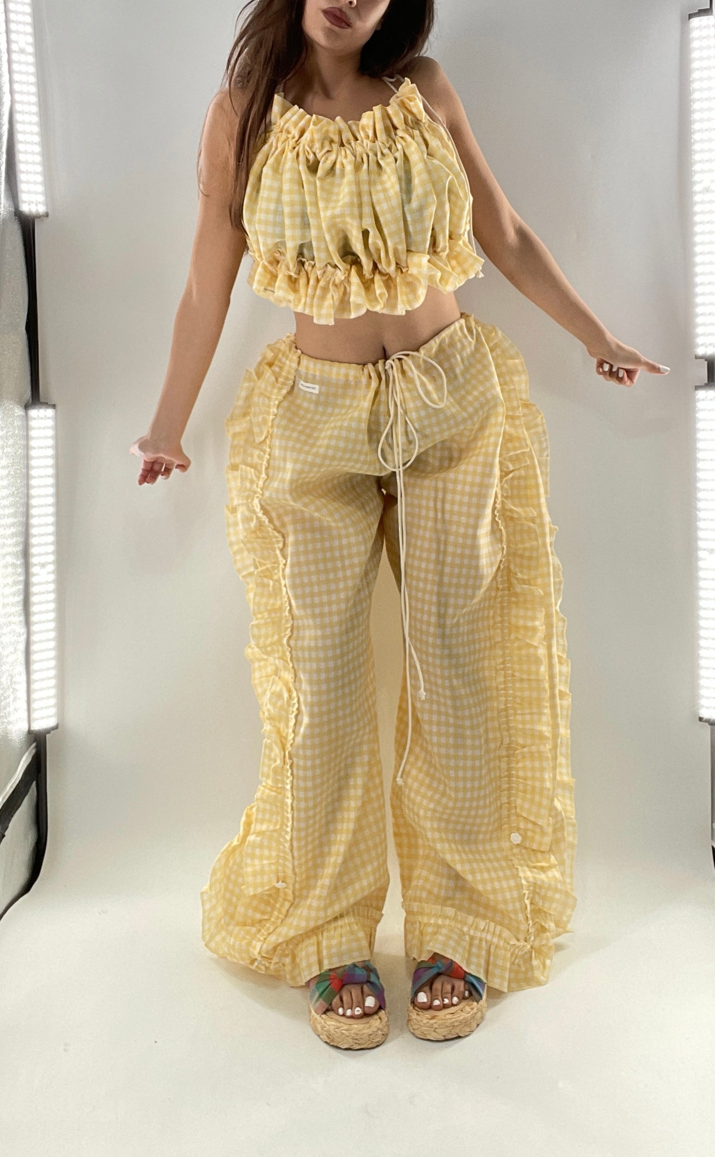 Vintage 2 Piece Yellow Checkered/Gingham Patterned Picnic Set with Ruched Bust Top and Ruffle Side Wide Legs with Adjustable Length, Strap Up Buttons on Hem (One Size)
