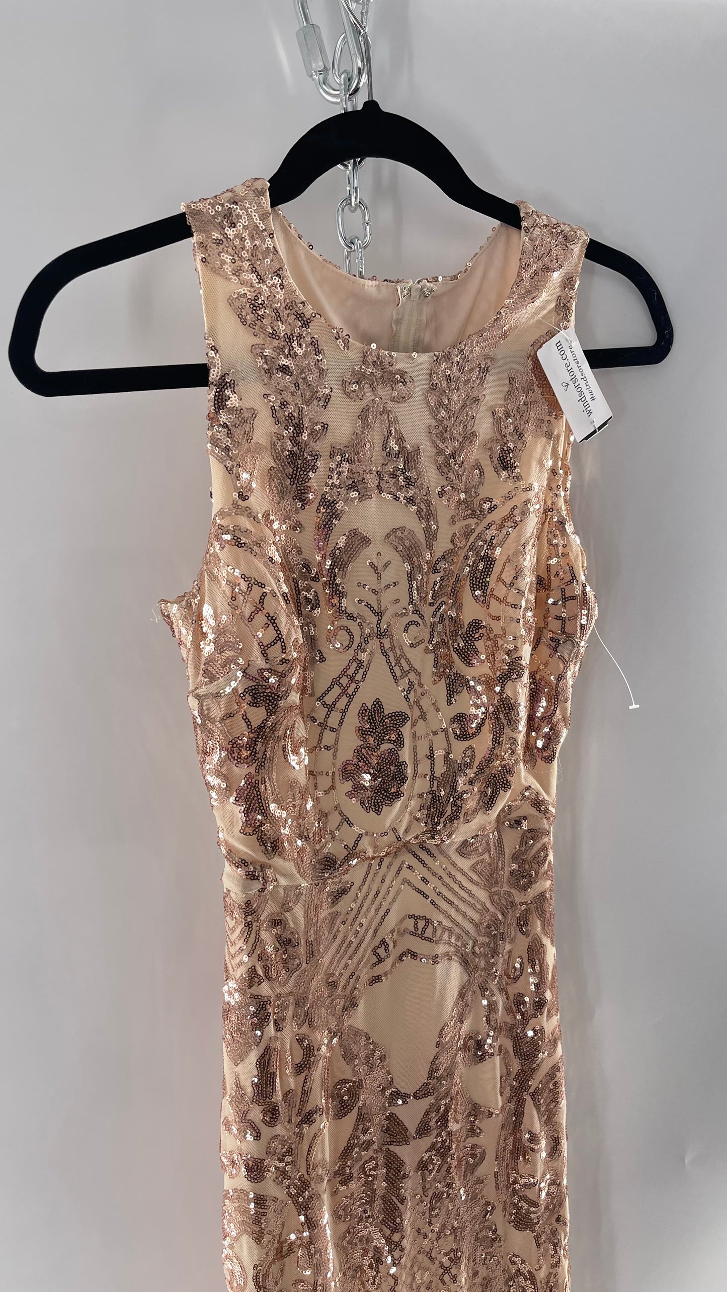 Windsor Rose Gold Sequin Maxi Dress with Side Slit Detail and Open Back (Small)