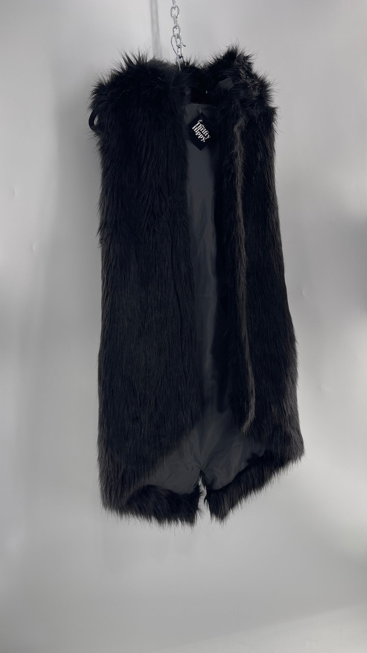 Full Length Black Fuzzy Sleeveless Vest with Oversized Hood (Medium)