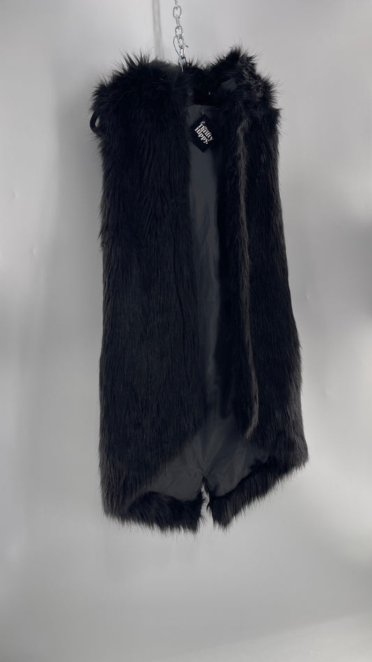 Full Length Black Fuzzy Sleeveless Vest with Oversized Hood (Medium)