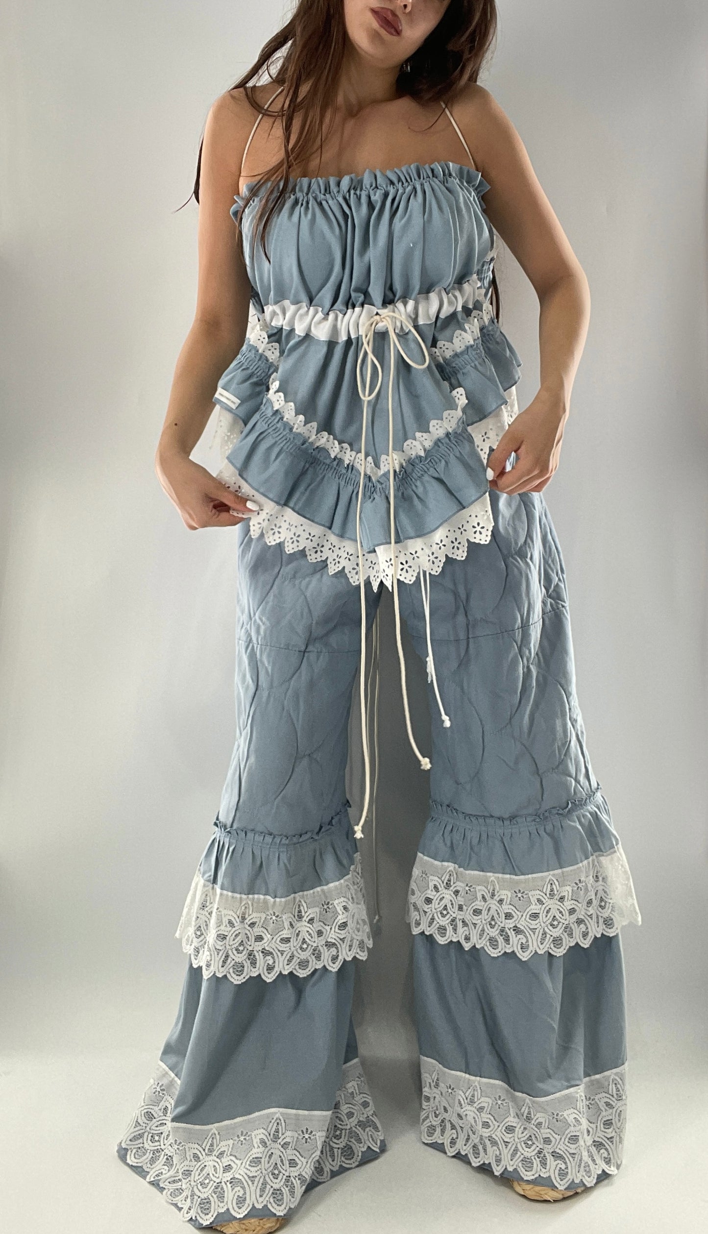 Vintage 2 Piece Powder Blue Set Featuring 2Way Blouse and Quilted Trousers Covered in Ruffles, Lace and Trim (One Size)