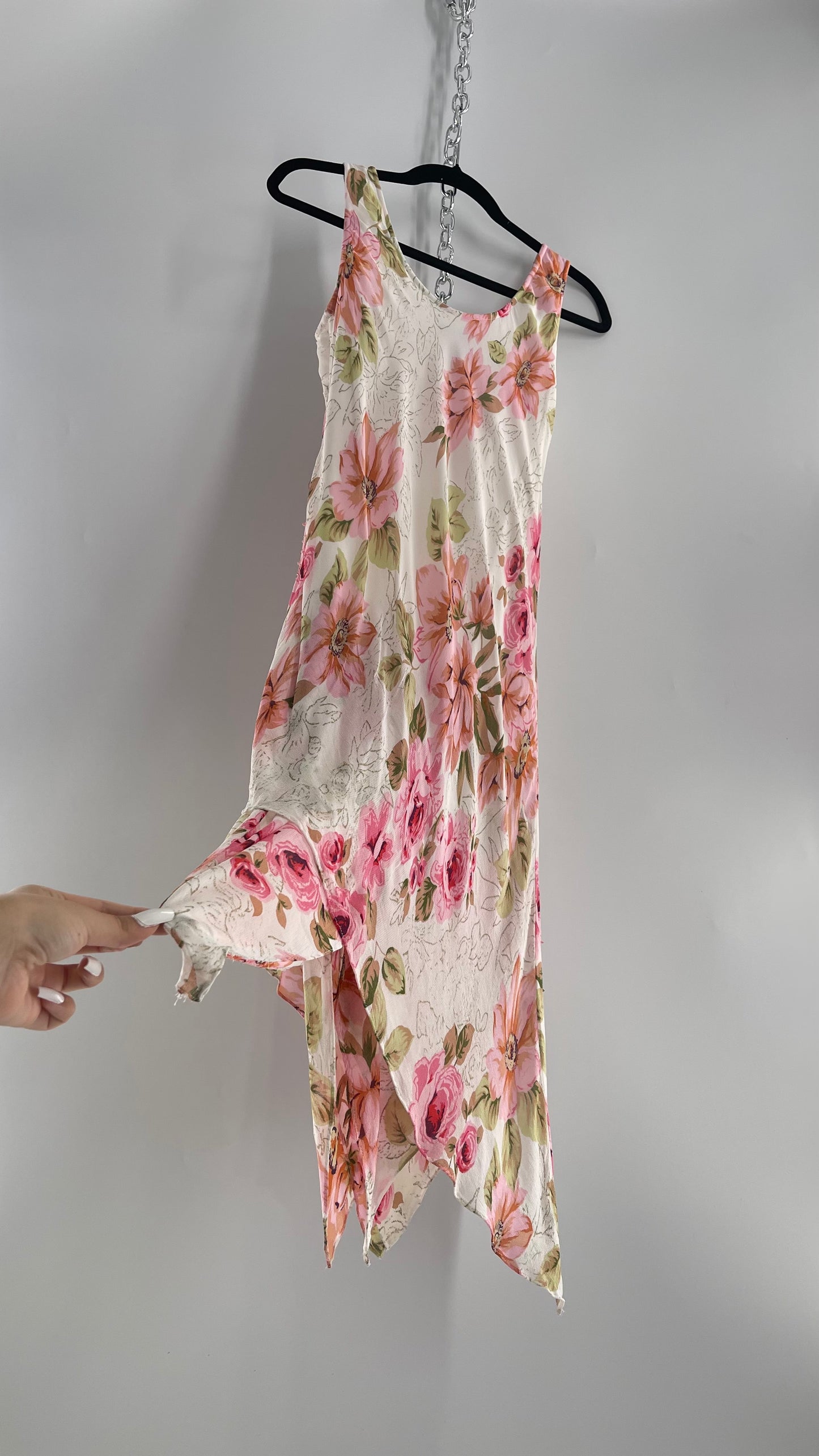 Vintage Eva Blue Pink Floral Draped Neck Sleeveless MIDI with Beading (10)
