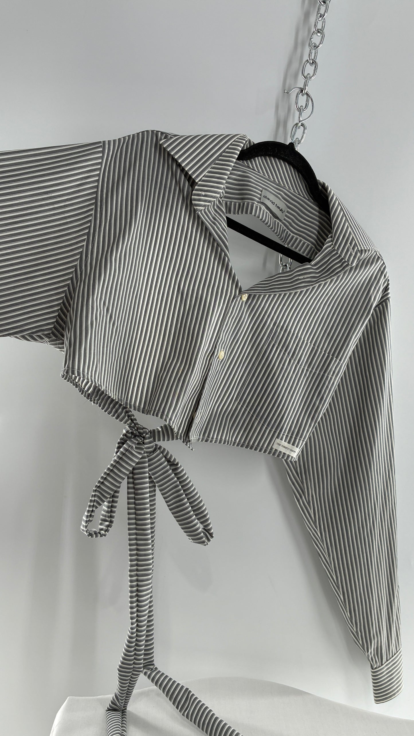 Vintage DAVID TAYLOR Reworked Button Front Backless Grey Striped Blouse (One Size)