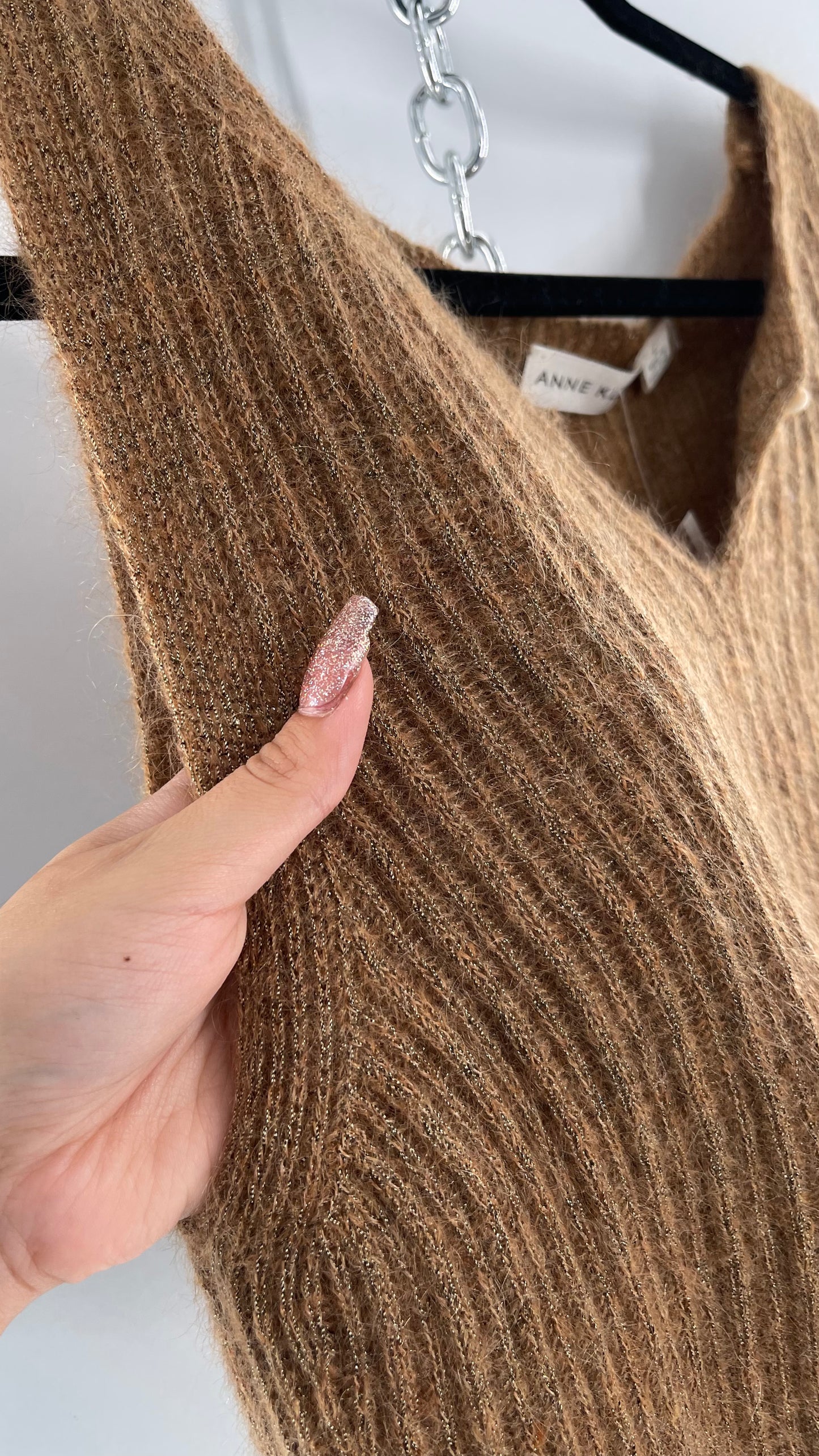 Vintage Anne Klein 42% Mohair Tan Knit Tank with Gold Tinsel (Large)