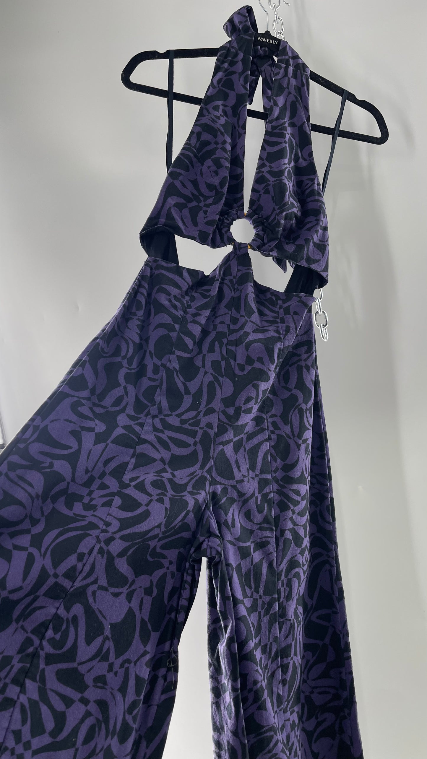 Free People Kira Retro Black and Purple Wide Leg Halter Jumpsuit with Tortoise Bust Loop (XS)