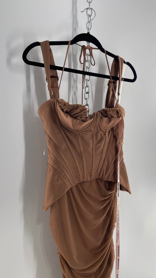 House of CB Talya Toffee Satin Corset Midi Dress with Ruched Skirt (Medium)