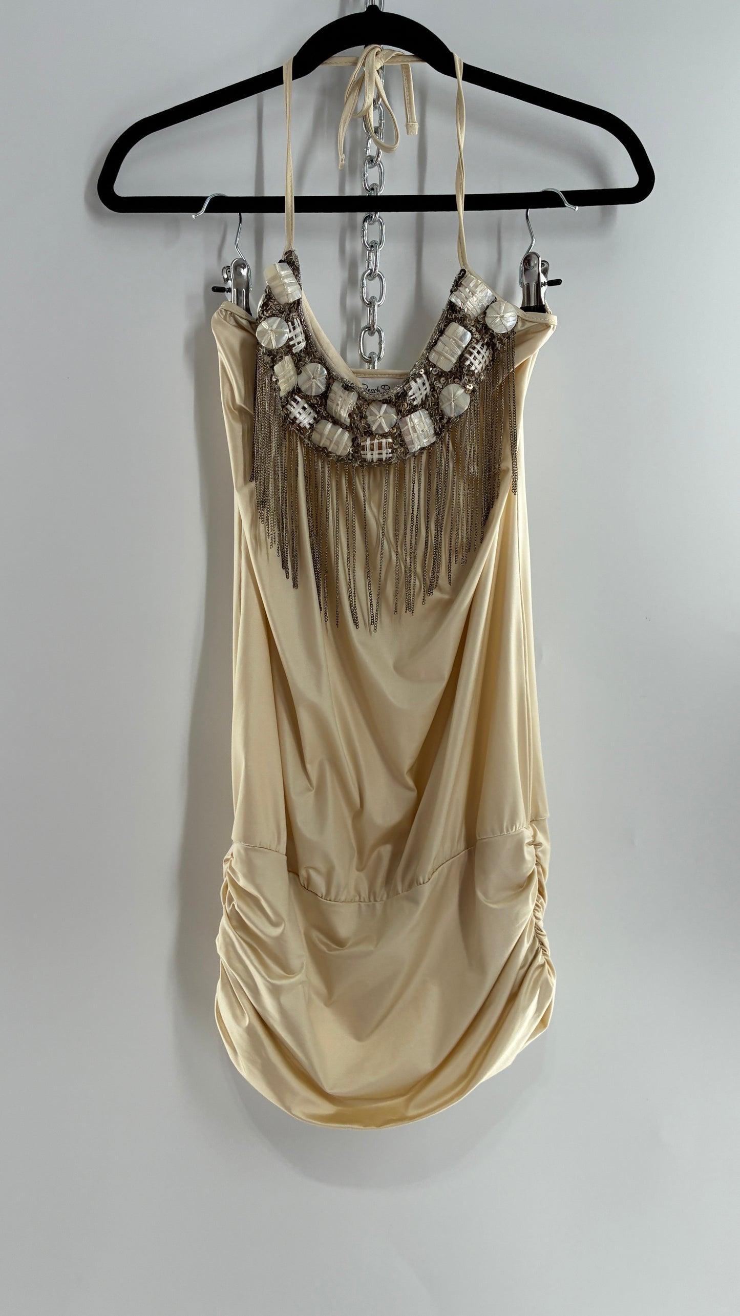 Beach Bunny Ivory Lycra Balloon Hem Mini Dress with Exaggerated, Beaded and Metal Chain Neckline (Small)