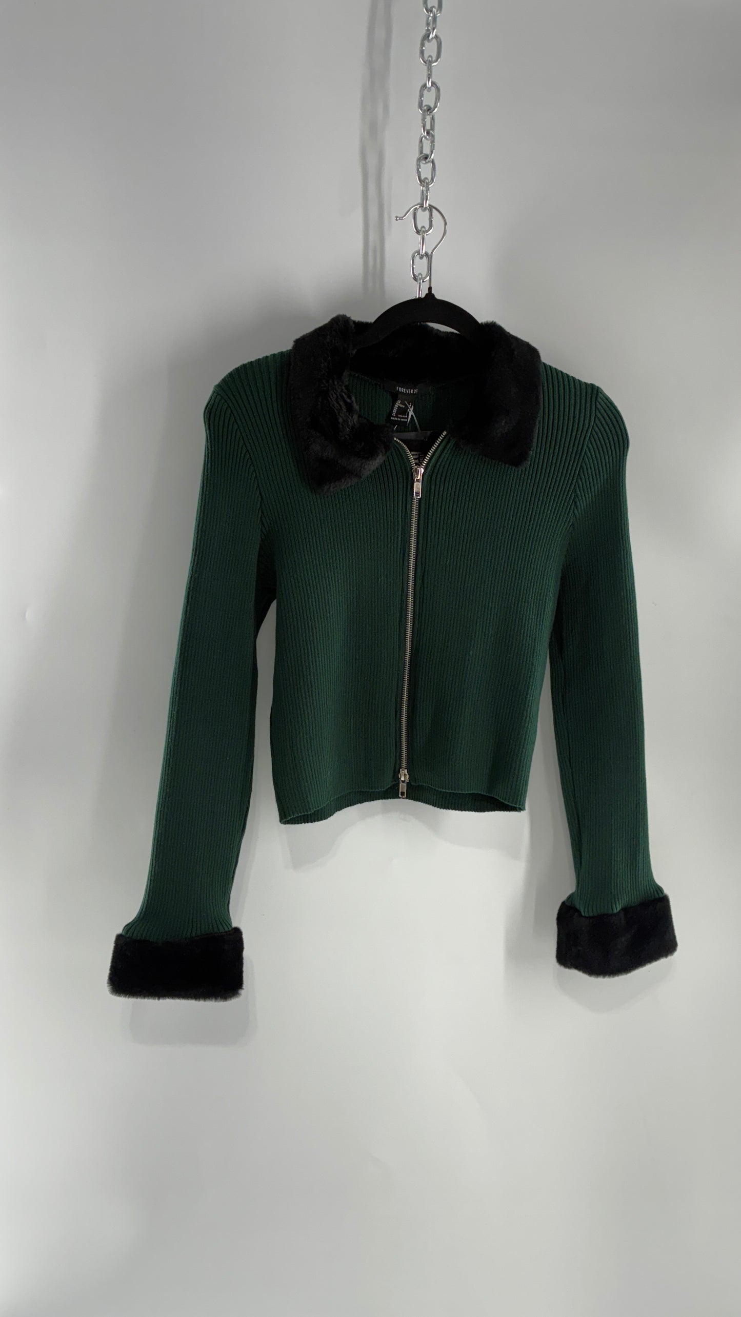 Forever 21 Green Ribbed Knit Zip Up with Fur Collar and Cuffs, Tags Attached (Large)