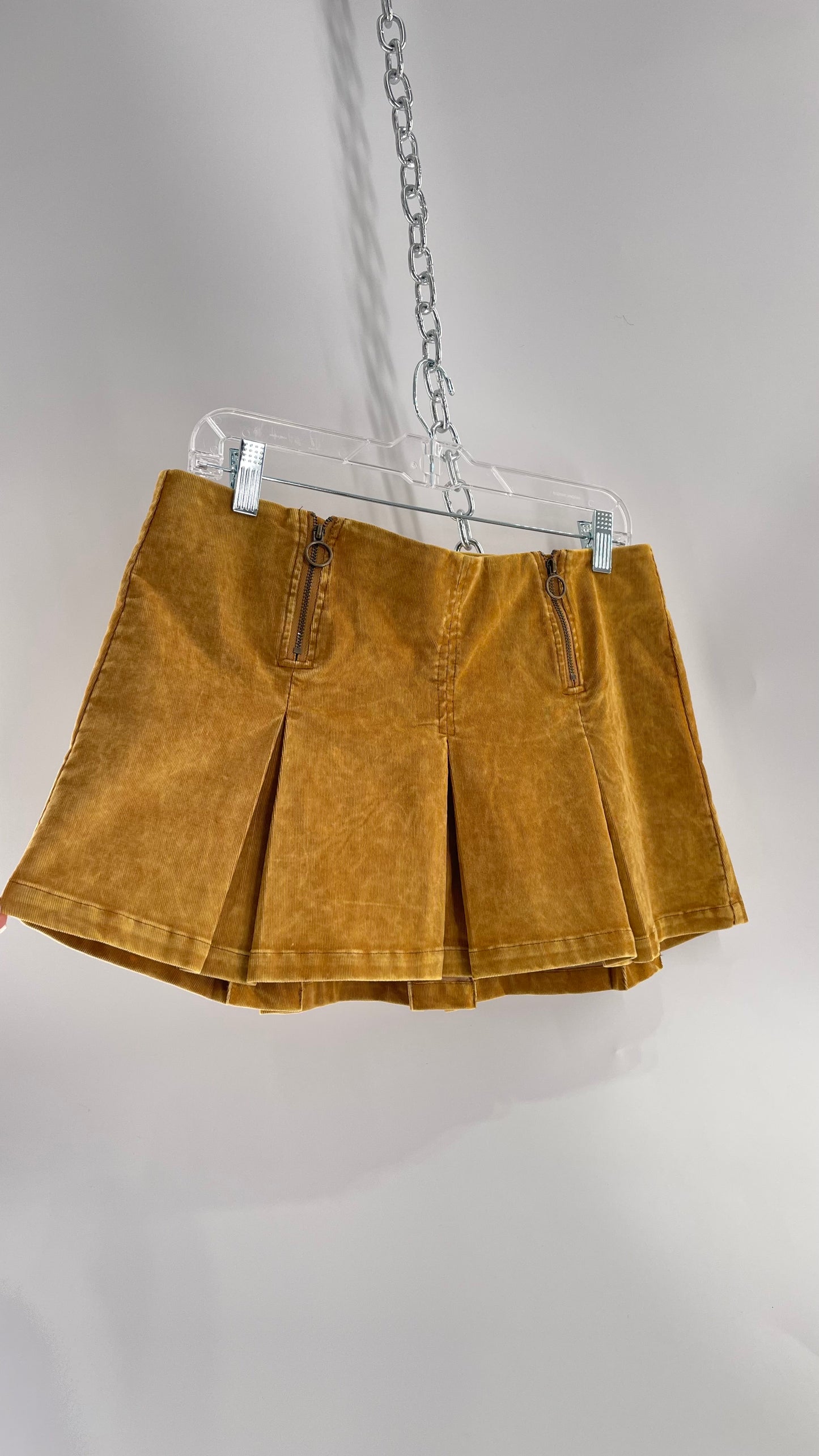 Urban Outfitters Mustard Corduroy Pleated Micro Mini Skirt with Brass Hip Zippers (Medium)