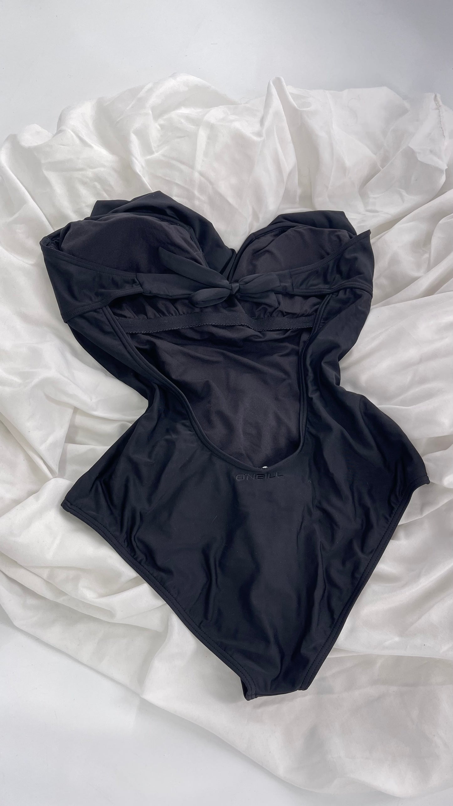 O’Neill Black Swimsuit with Built in Bra with Ruffled Bust, Open Back, Straps and Tags Attached (Large)