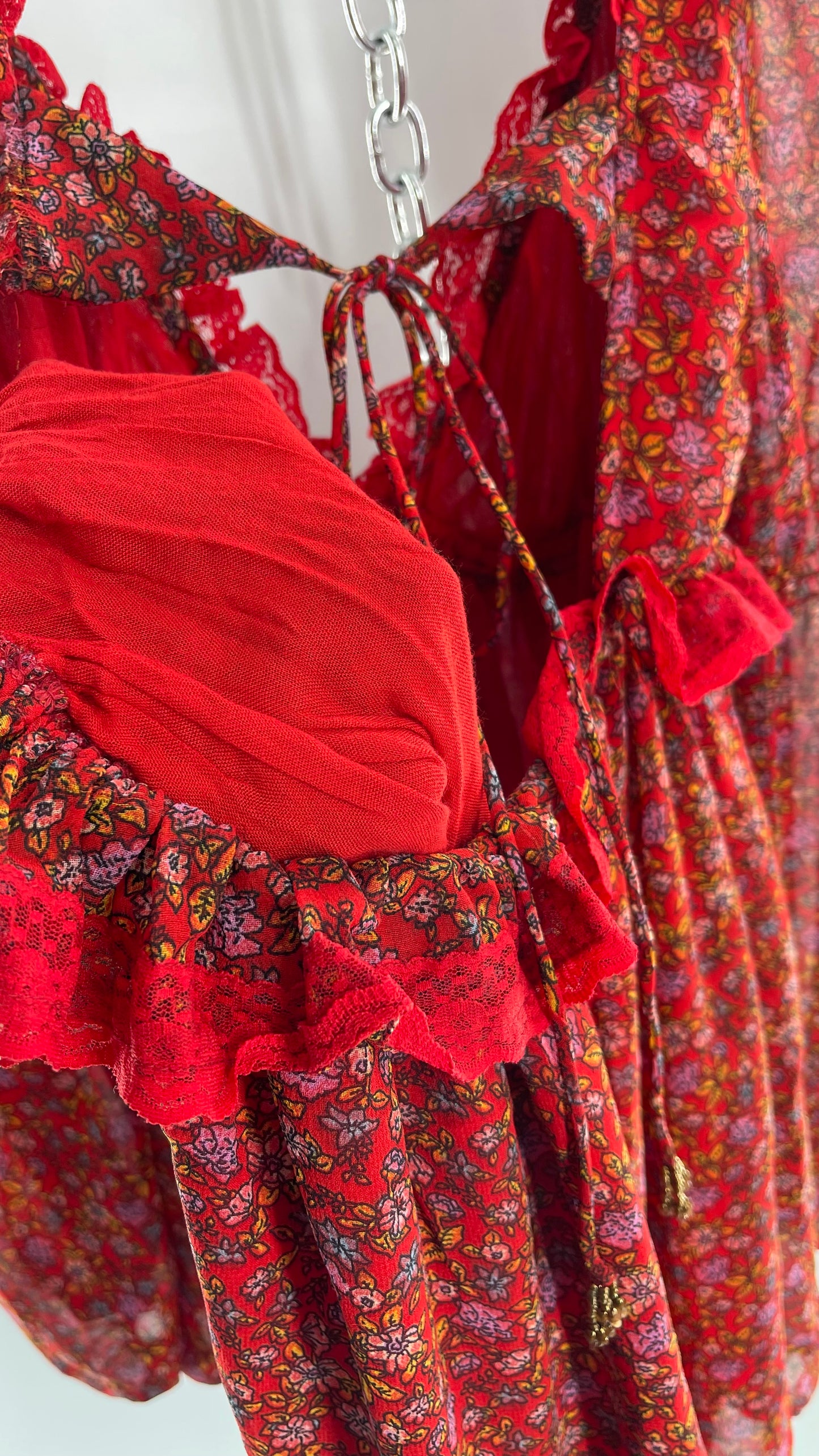 Free People Red Floral Mini Dress with Lace Trim, Open Back and Balloon Sleeves (Small)