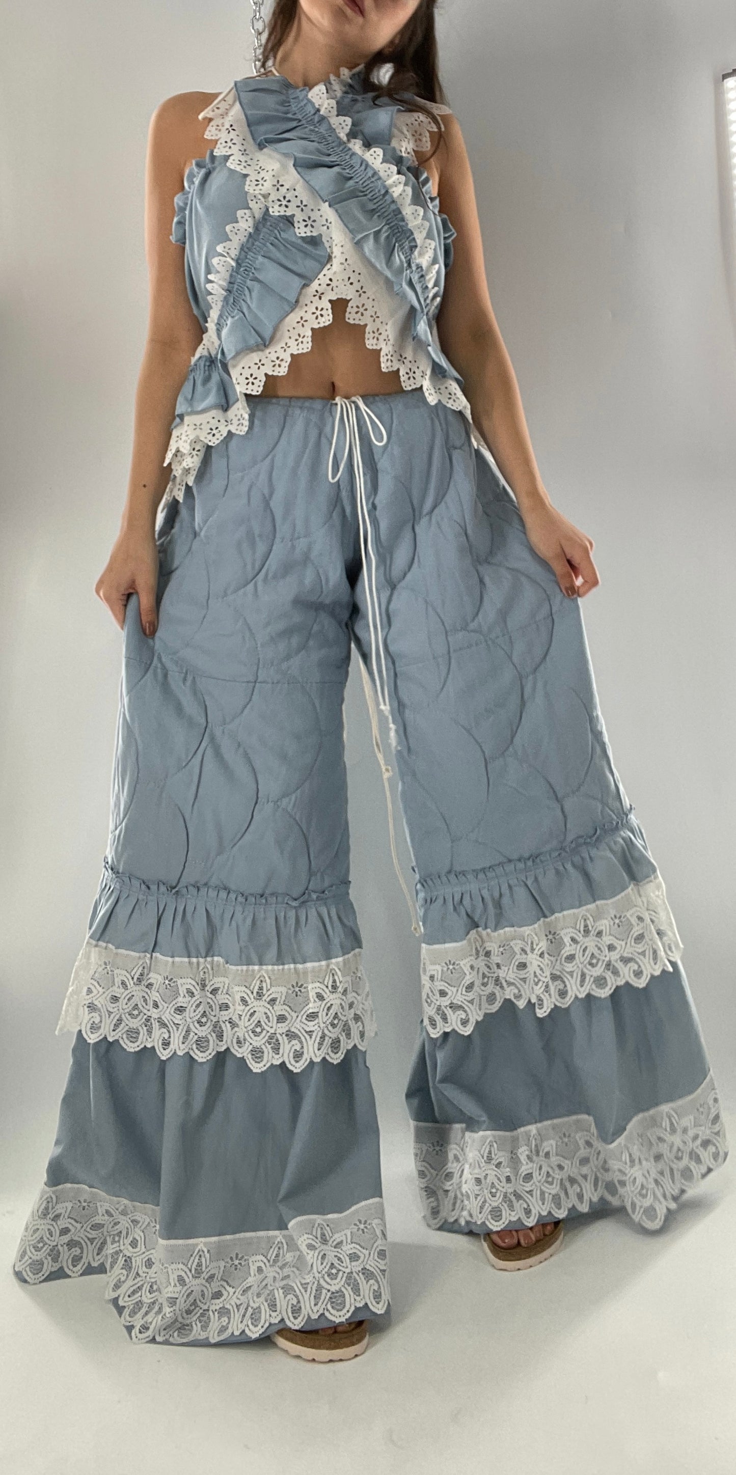 Vintage 2 Piece Powder Blue Set Featuring 2Way Blouse and Quilted Trousers Covered in Ruffles, Lace and Trim (One Size)