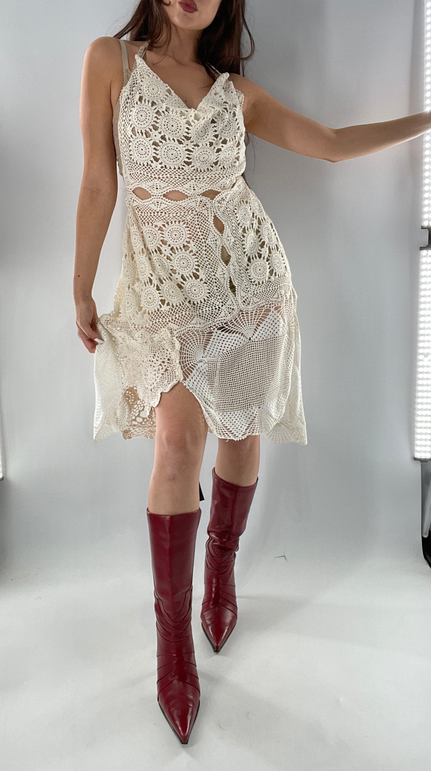 Vintage Handmade Crochet Cottage Adjustable Dress with Open, Low Back (One Size)
