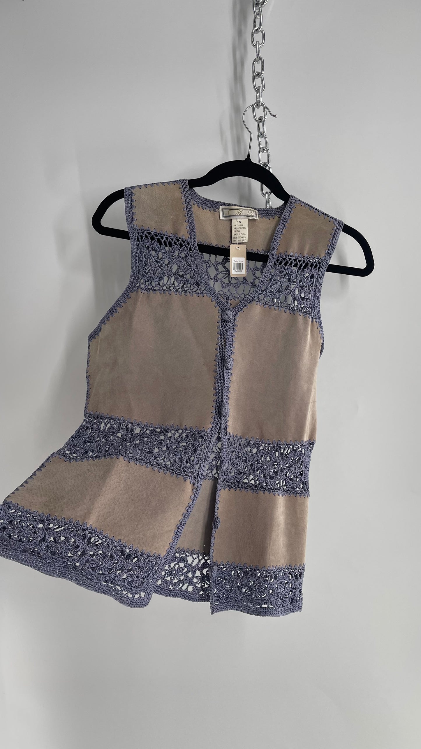Vintage Grey Suede Leather and Blue Crochet Vest Top (Small)