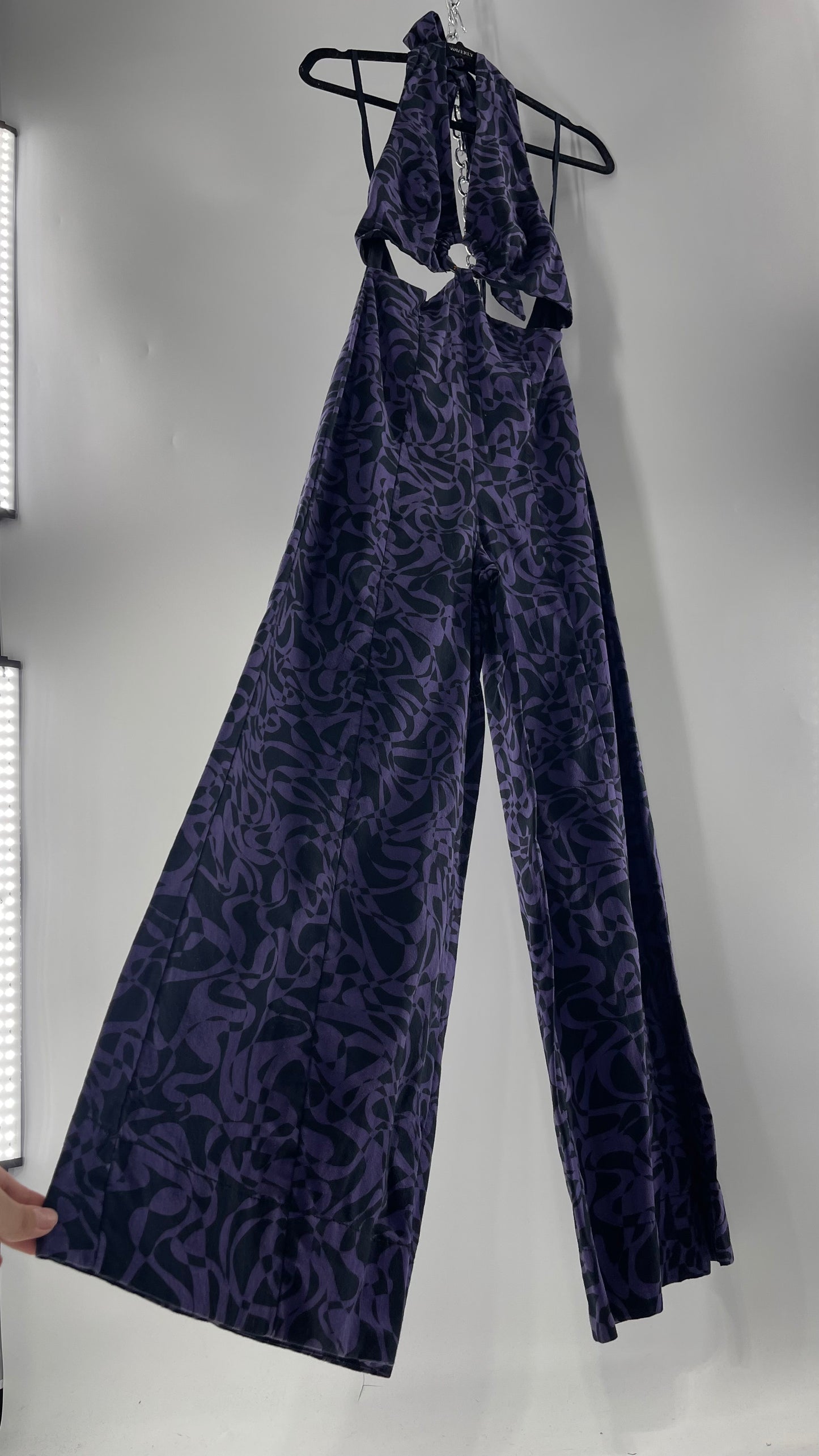 Free People Kira Retro Black and Purple Wide Leg Halter Jumpsuit with Tortoise Bust Loop (XS)